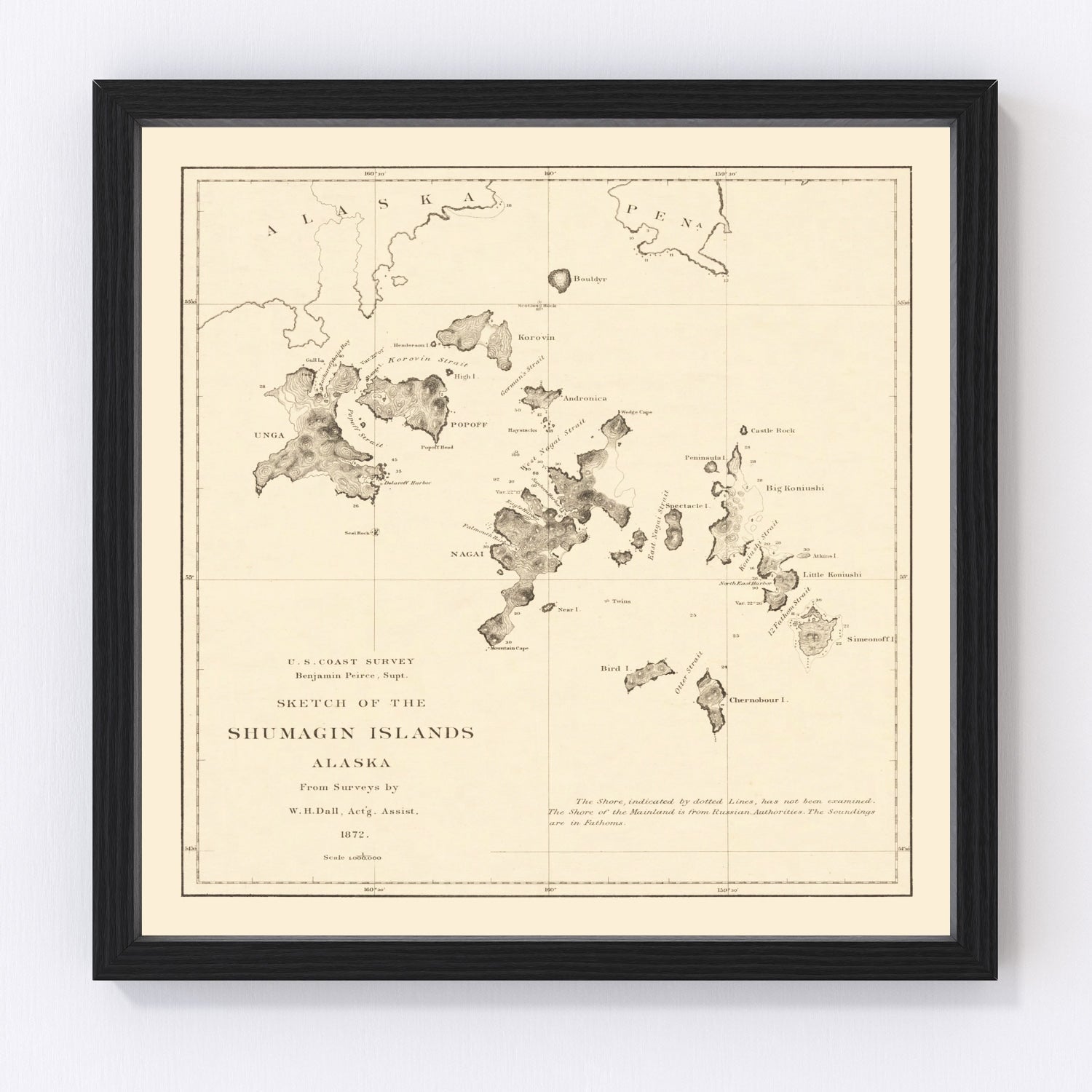 Vintage 1872 map of the Shumagin Islands Alaska from U.S. Coast Survey cartography, restored print