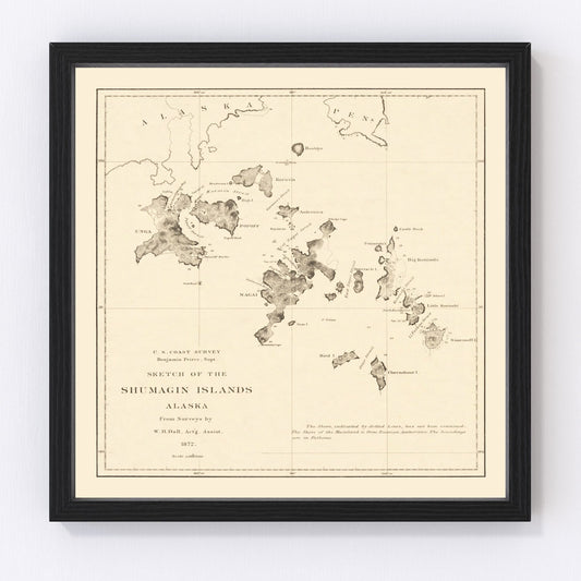 Vintage 1872 map of the Shumagin Islands Alaska from U.S. Coast Survey cartography, restored print
