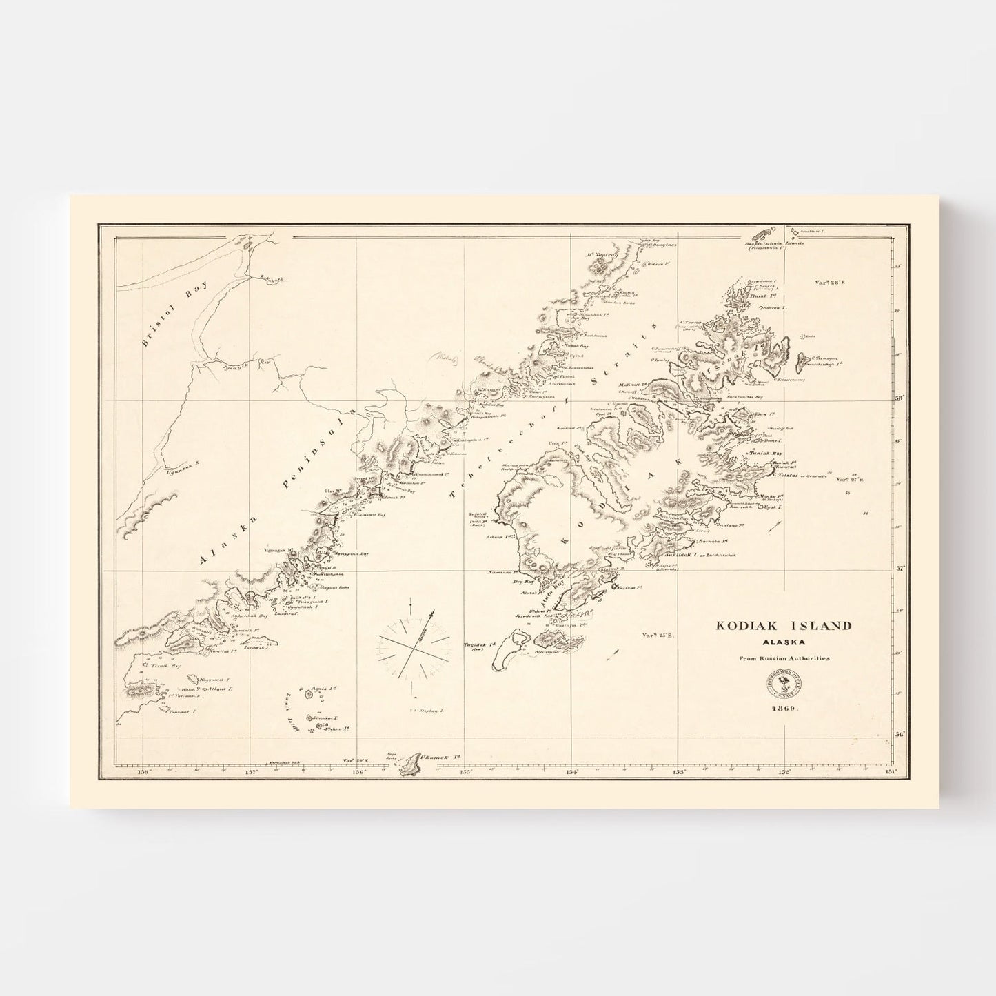 Vintage Kodiak Island, Alaska Map, 1869