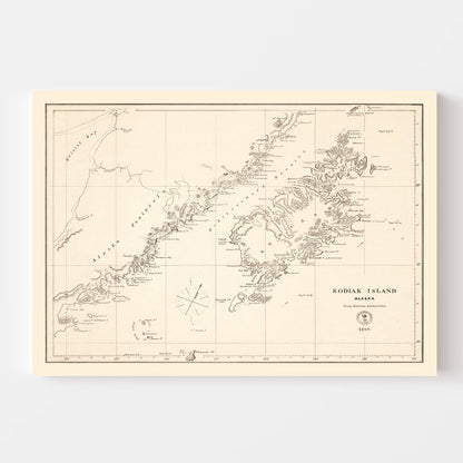 Vintage Kodiak Island, Alaska Map, 1869