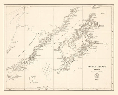Vintage Kodiak Island, Alaska Map, 1869