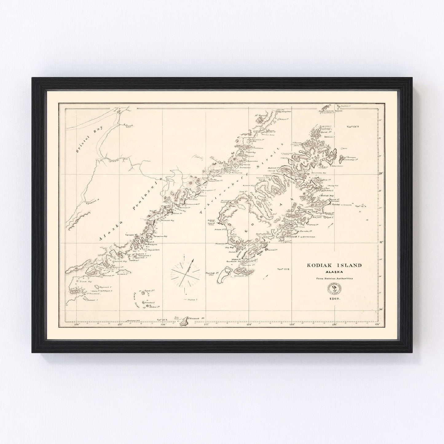 Vintage map of Kodiak Island, Alaska post-U.S. purchase, 1869