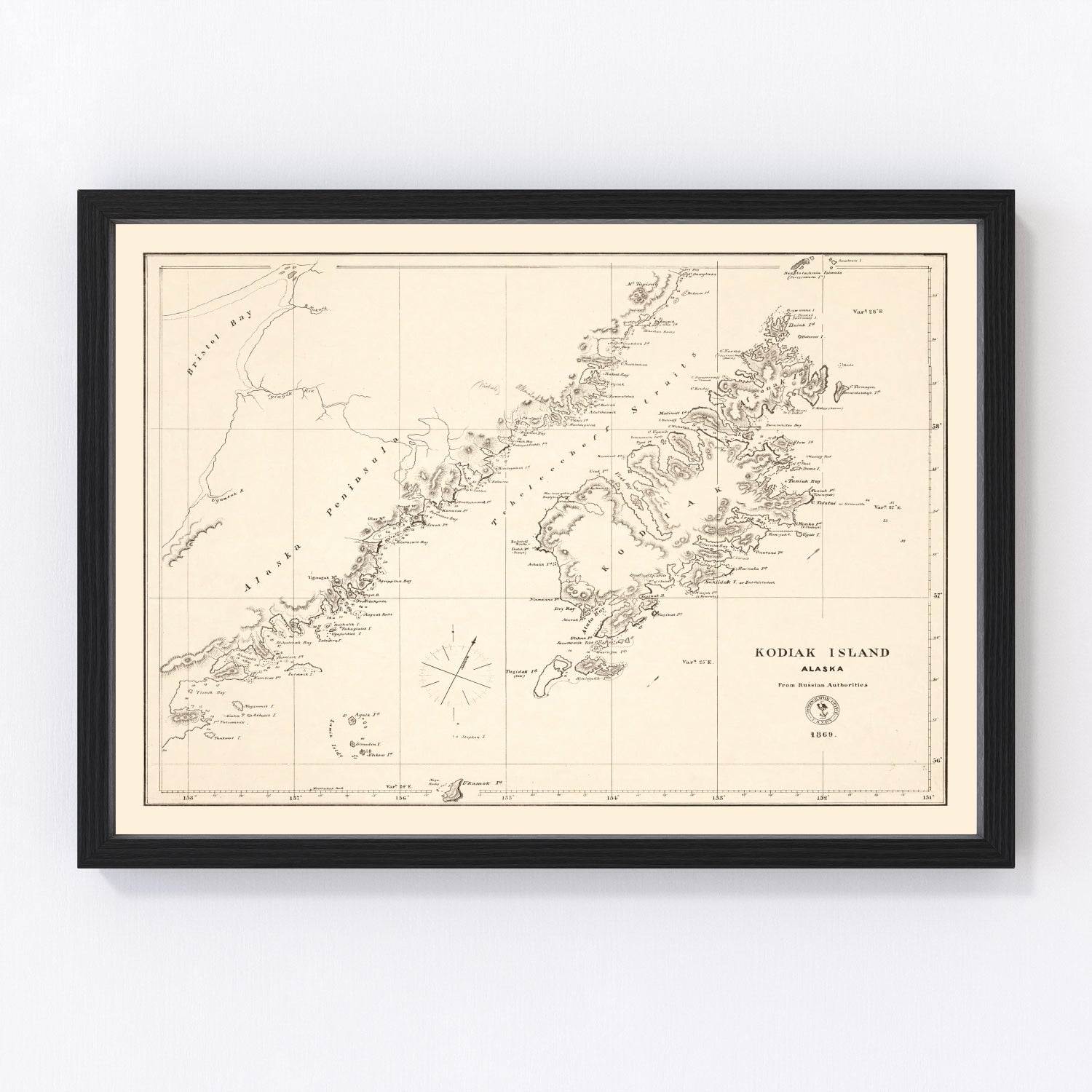 Vintage map of Kodiak Island, Alaska post-U.S. purchase, 1869