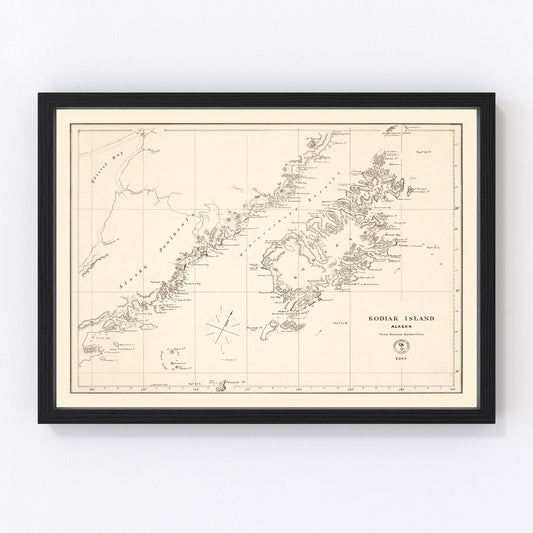 Vintage map of Kodiak Island, Alaska post-U.S. purchase, 1869
