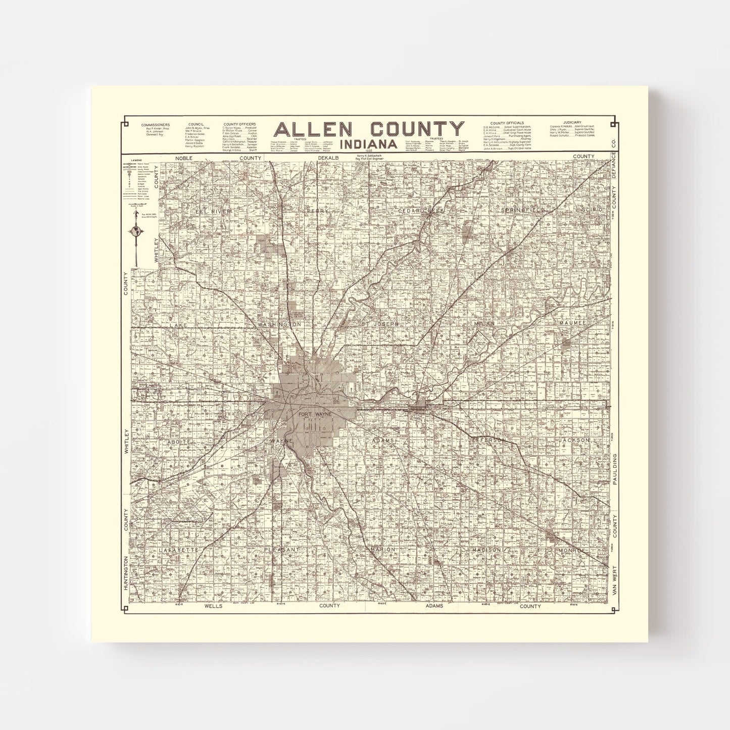 Vintage Map of Allen County, Indiana, 1935
