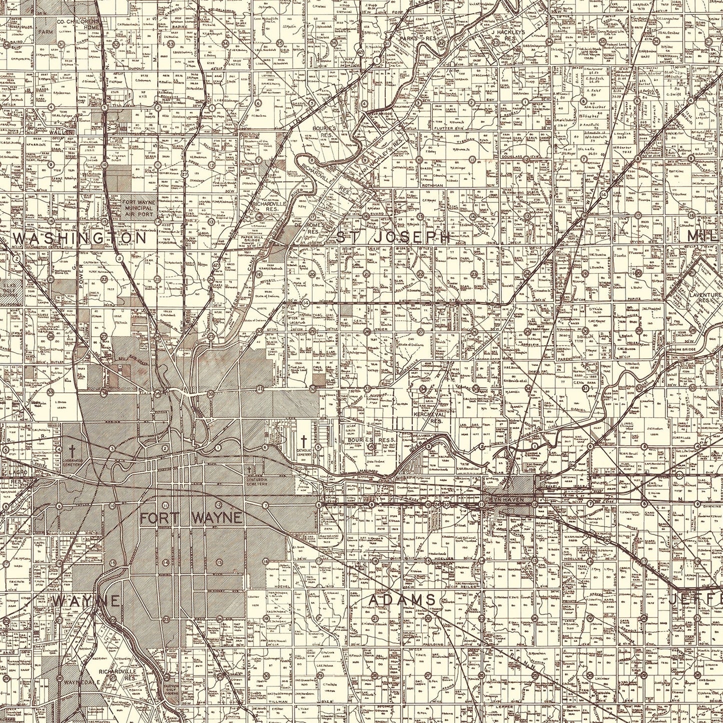 Vintage Map of Allen County, Indiana, 1935