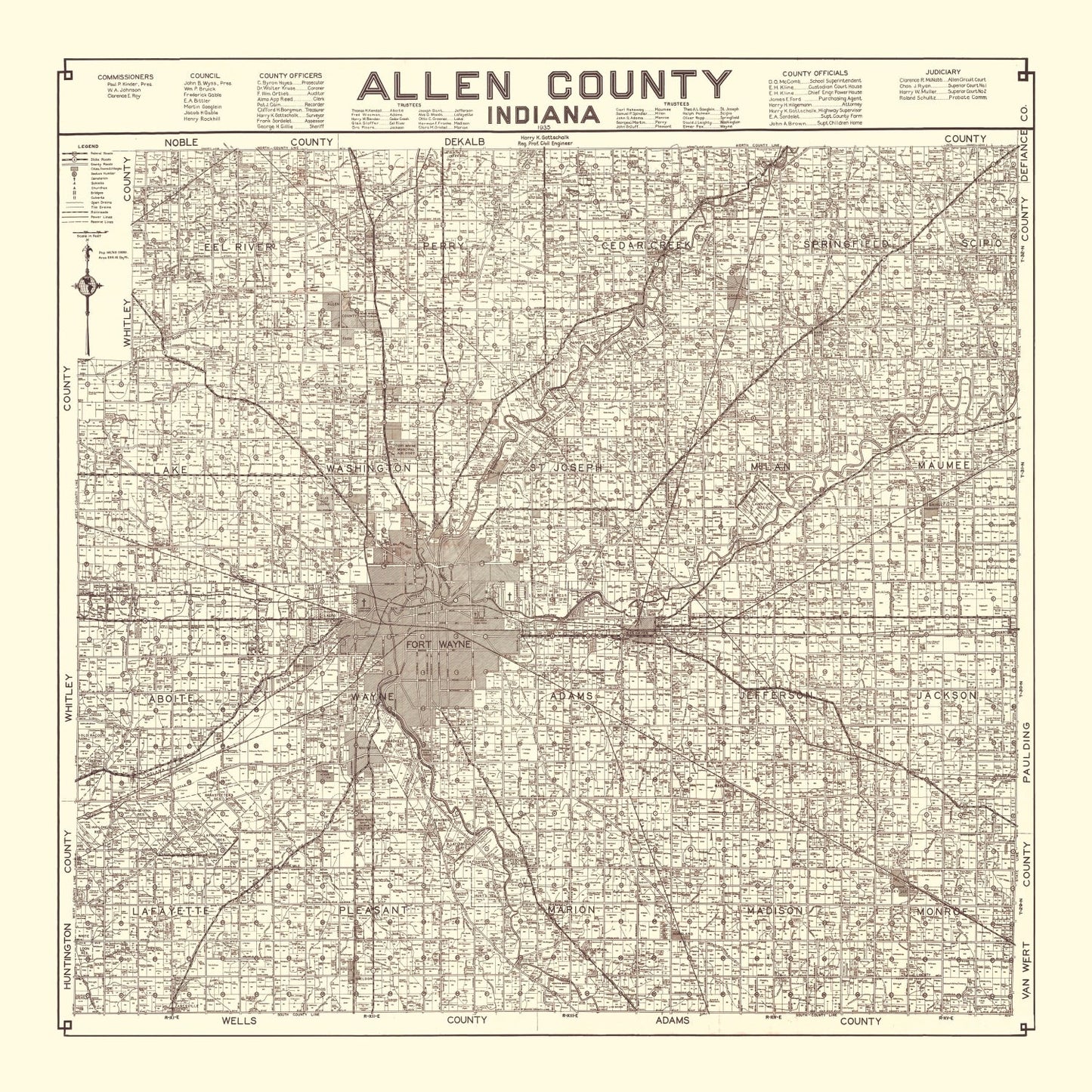 Vintage Map of Allen County, Indiana, 1935
