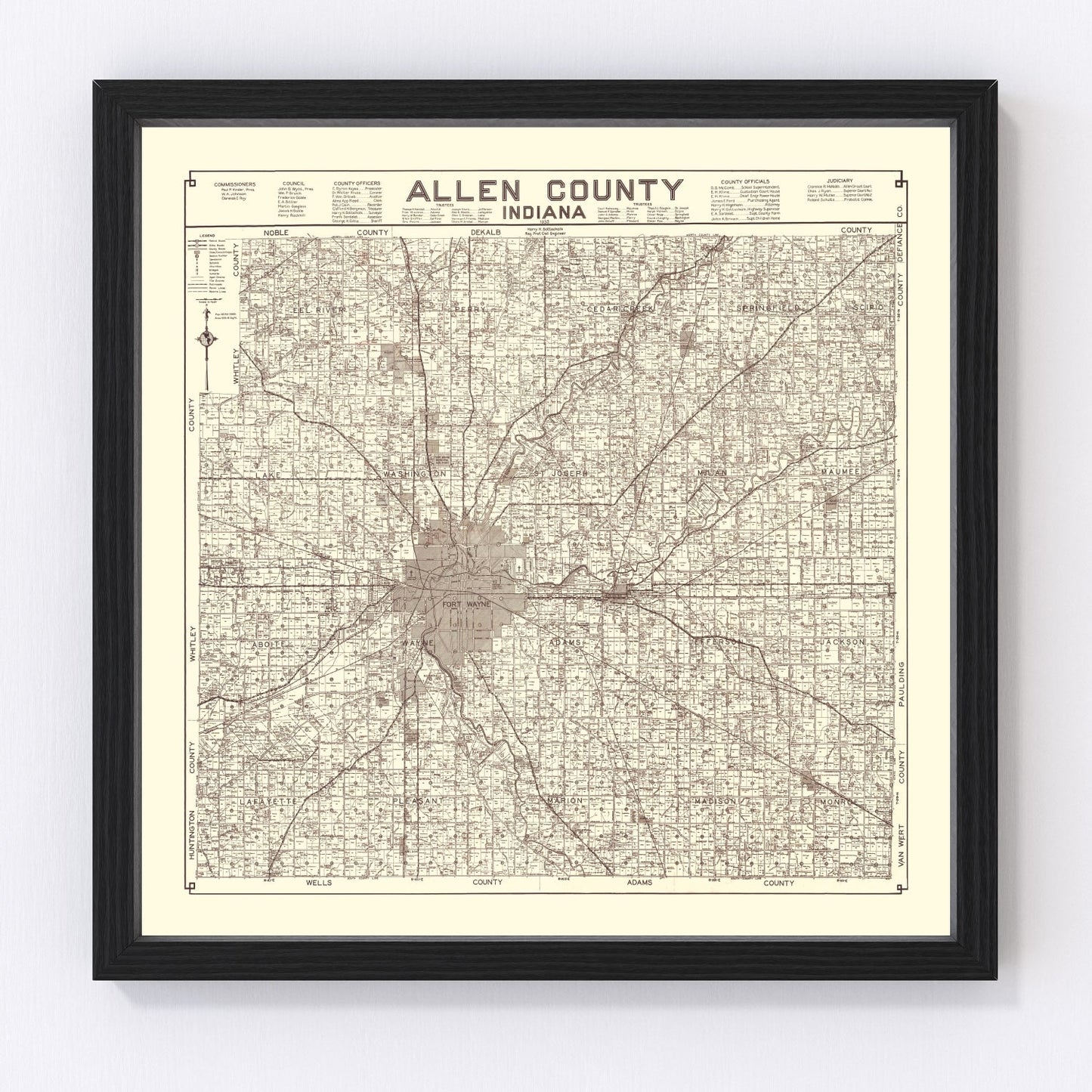 Vintage map of Allen County, Indiana, 1935, digitally restored print