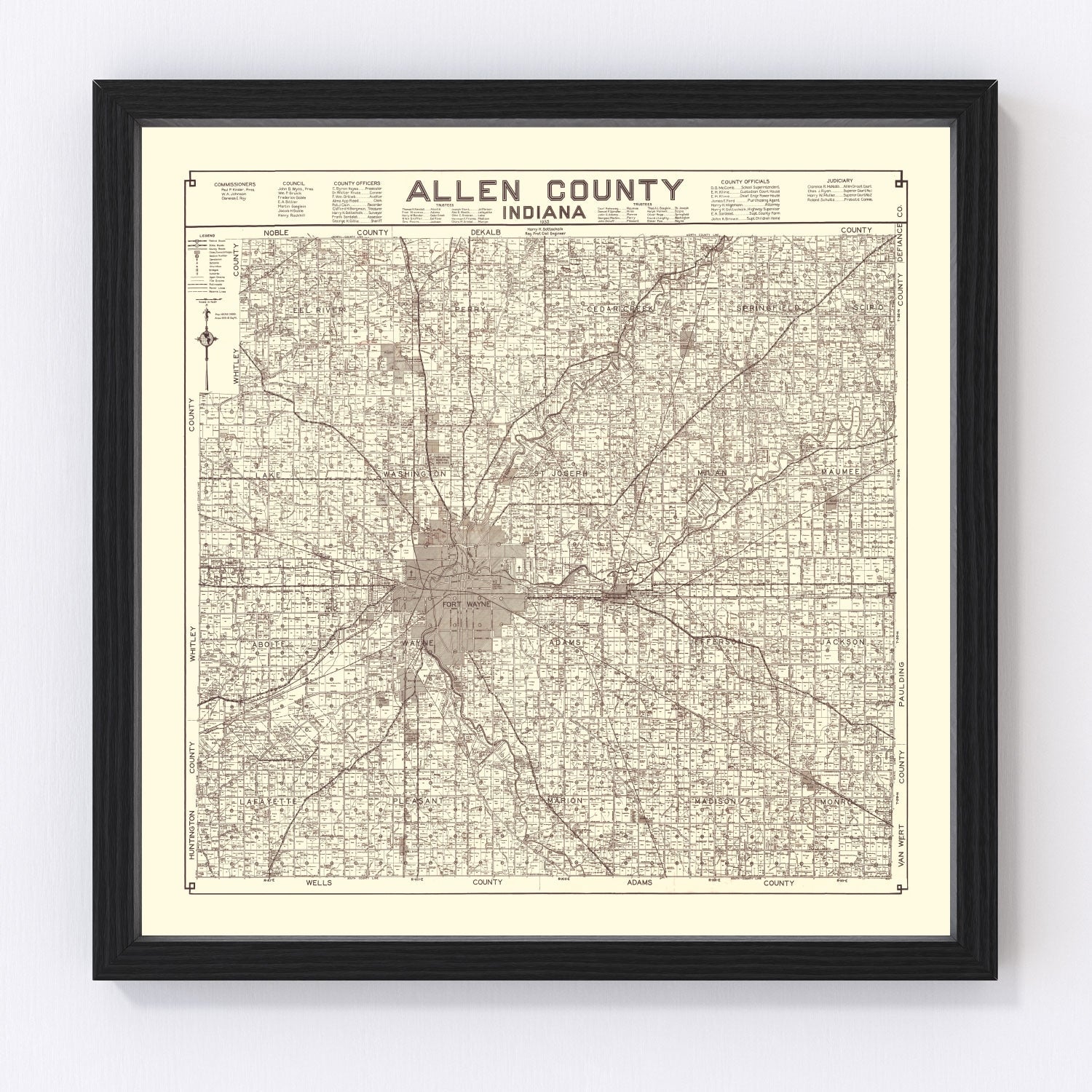 Vintage map of Allen County, Indiana, 1935, digitally restored print
