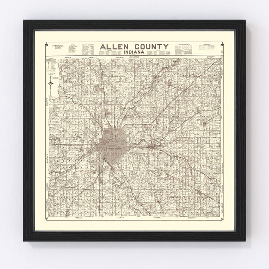 Vintage map of Allen County, Indiana, 1935, digitally restored print