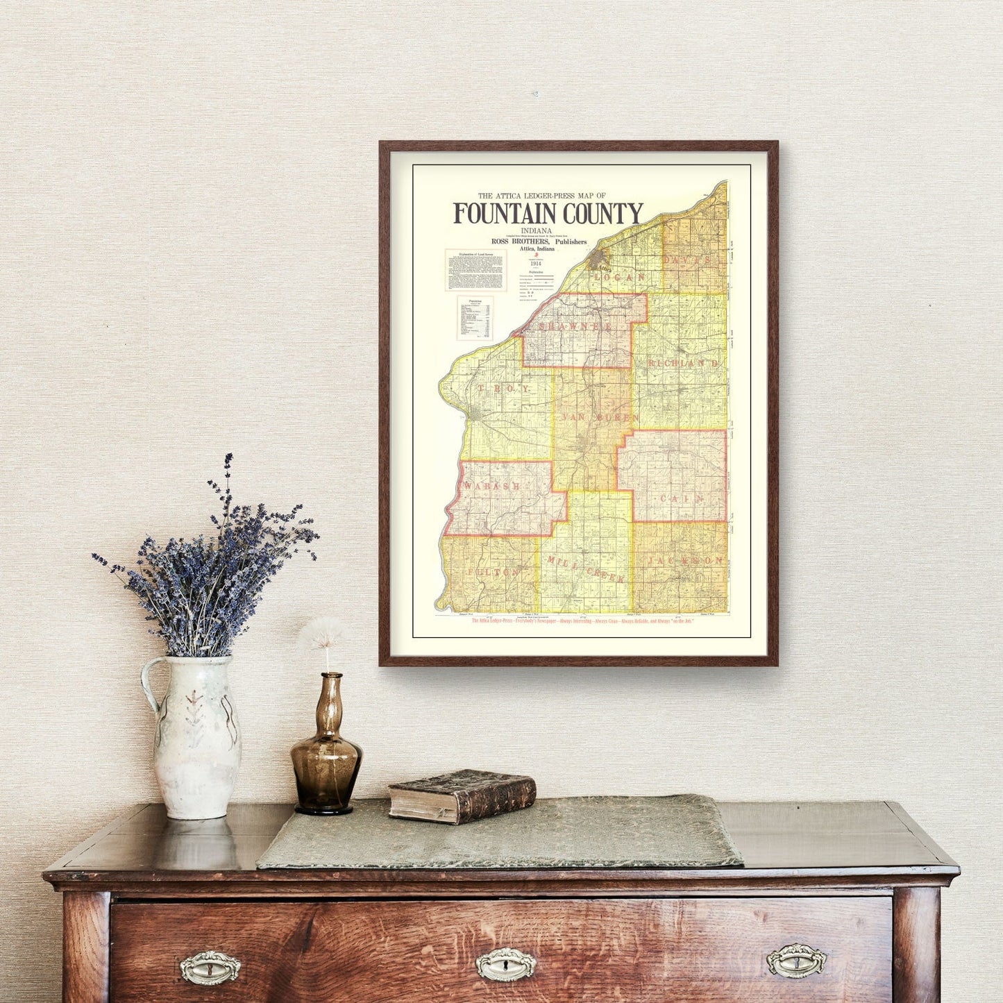 Vintage Map of Attica County, Indiana, 1914