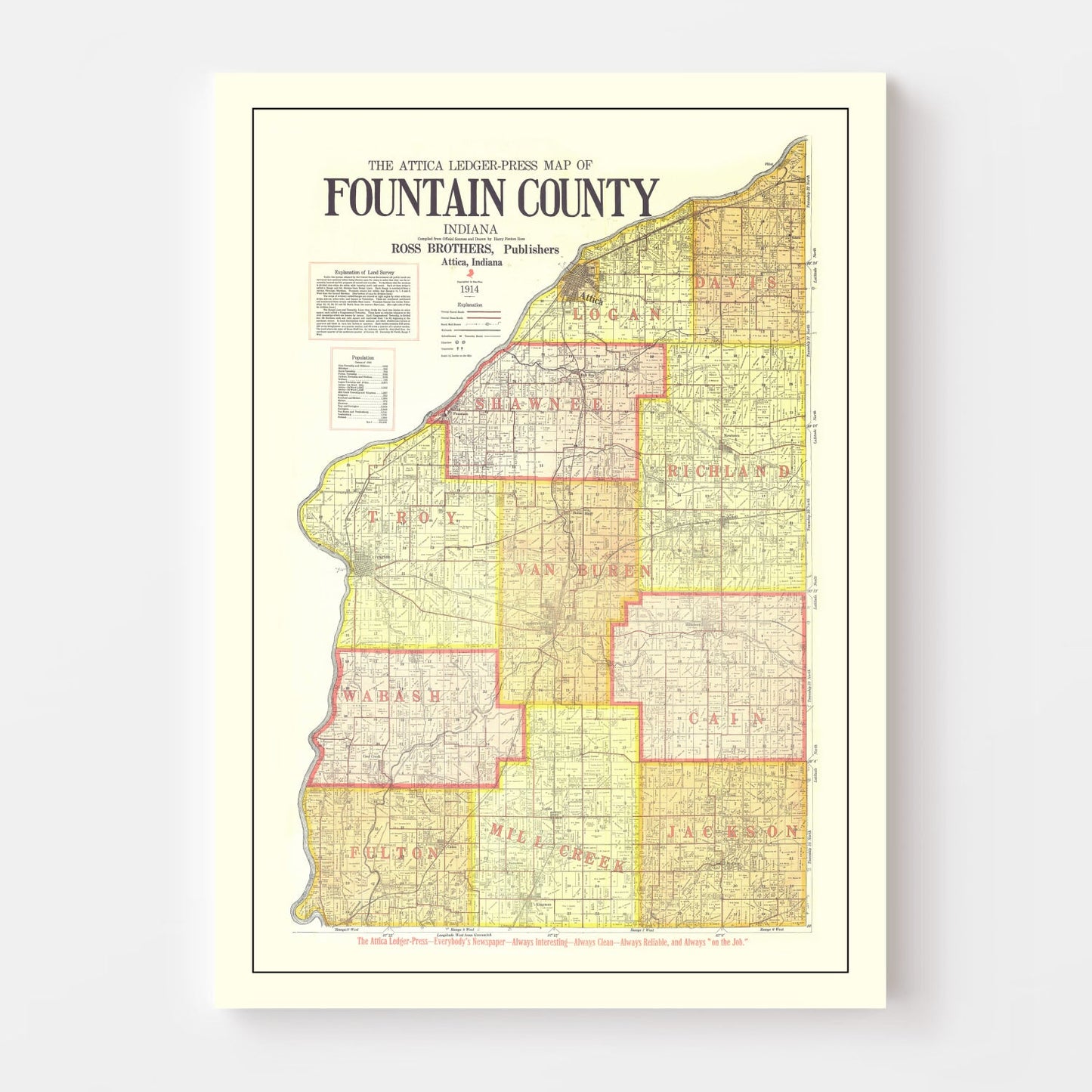 Vintage Map of Attica County, Indiana, 1914