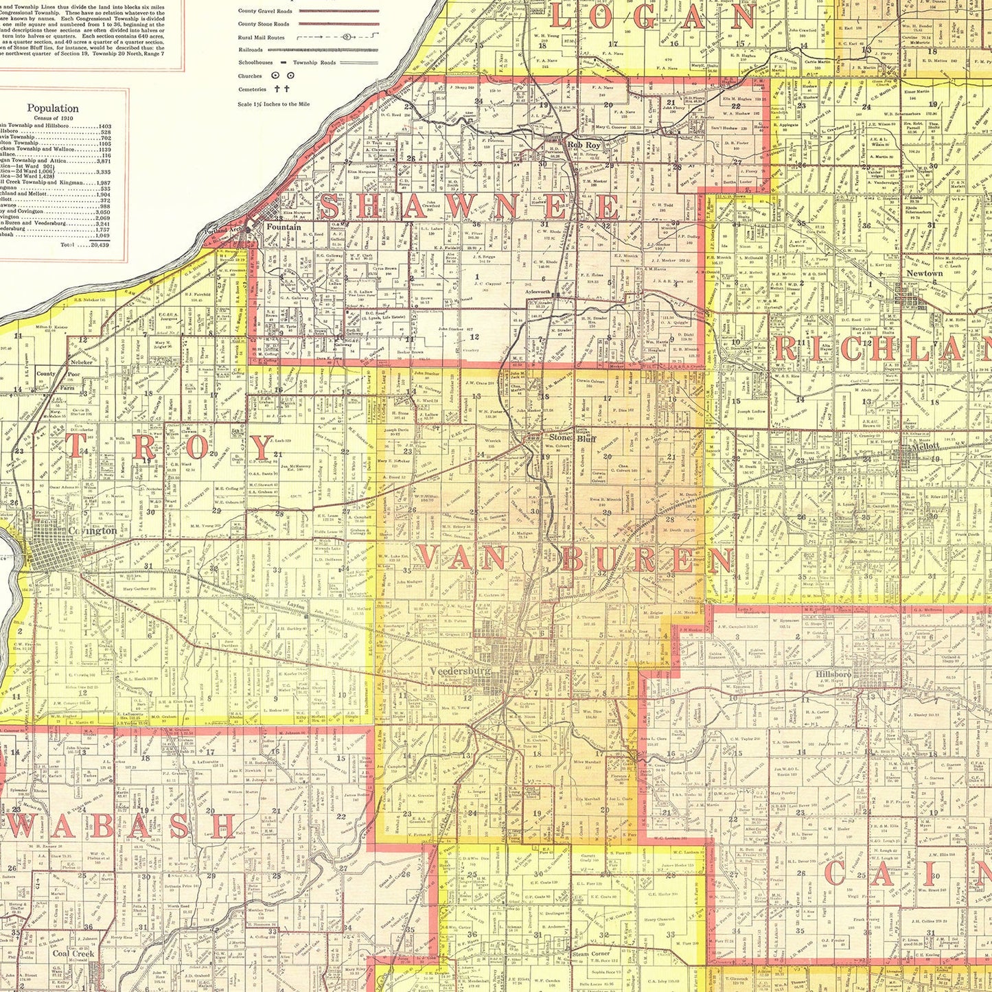 Vintage Map of Attica County, Indiana, 1914