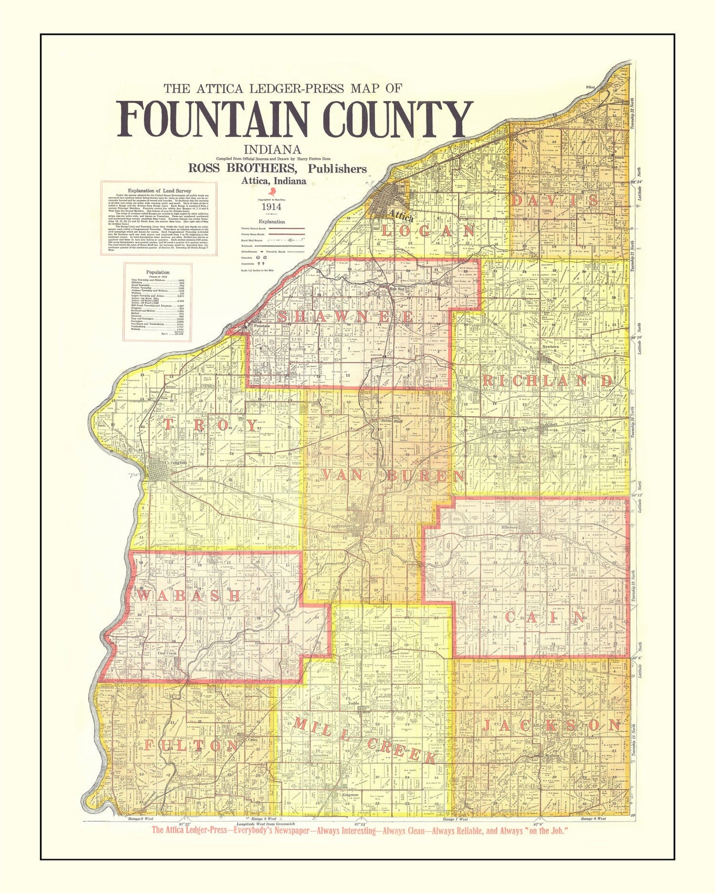 Vintage Map of Attica County, Indiana, 1914