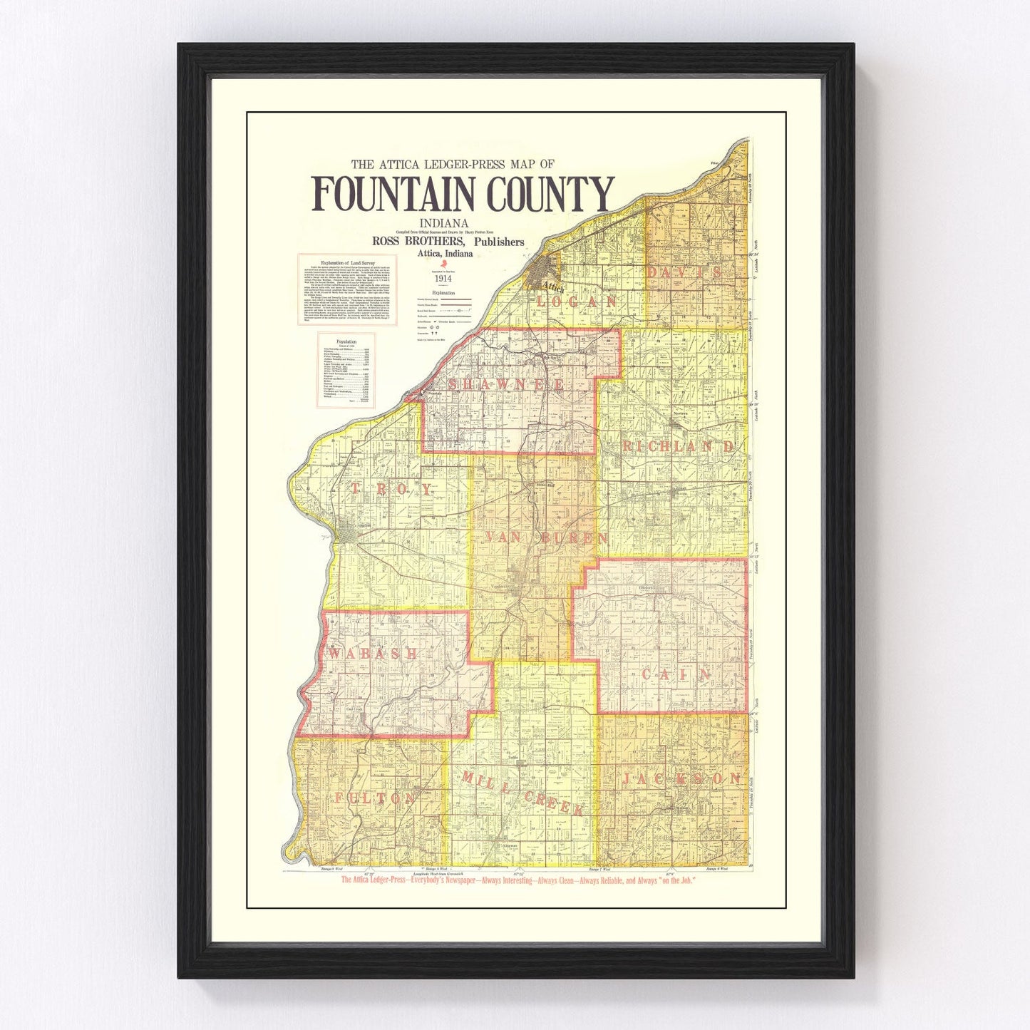 vintage map of Attica County, Indiana, 1914, Fountain County