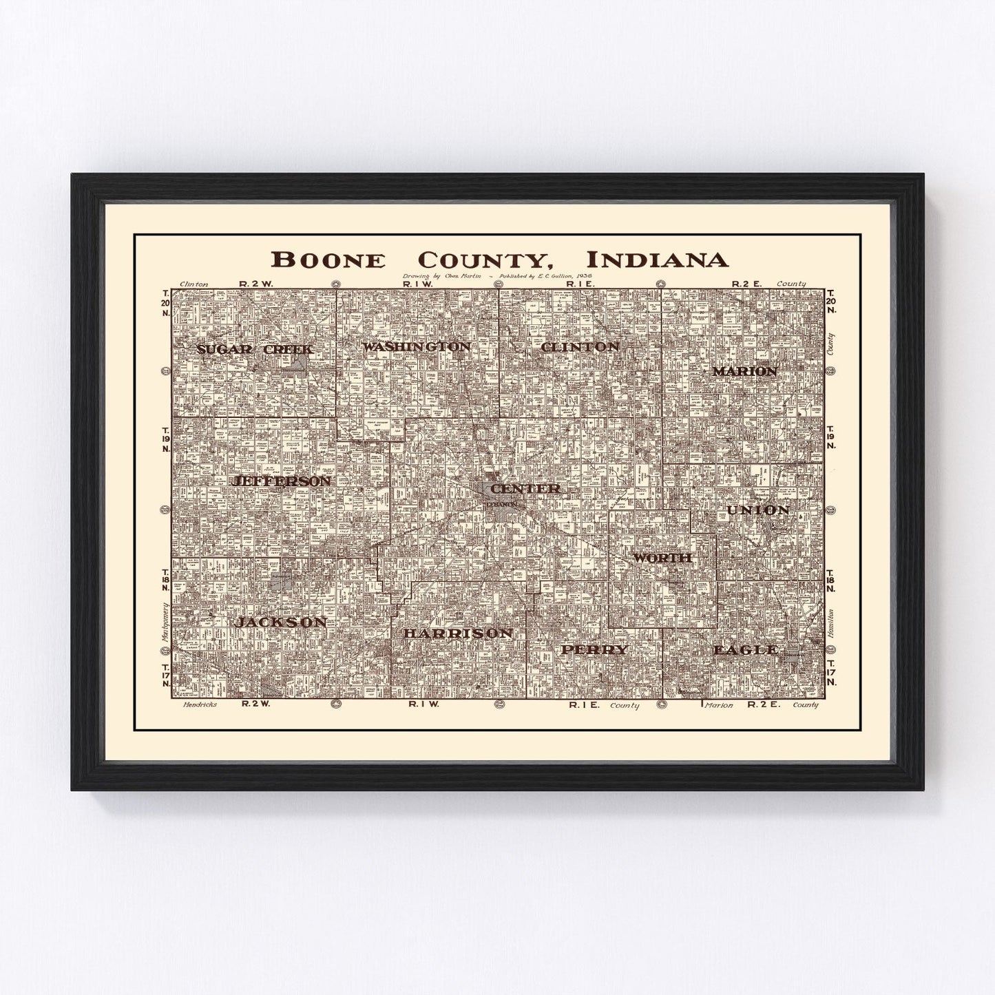 vintage map of Boone County, Indiana, 1936, survey edition restored print wall art