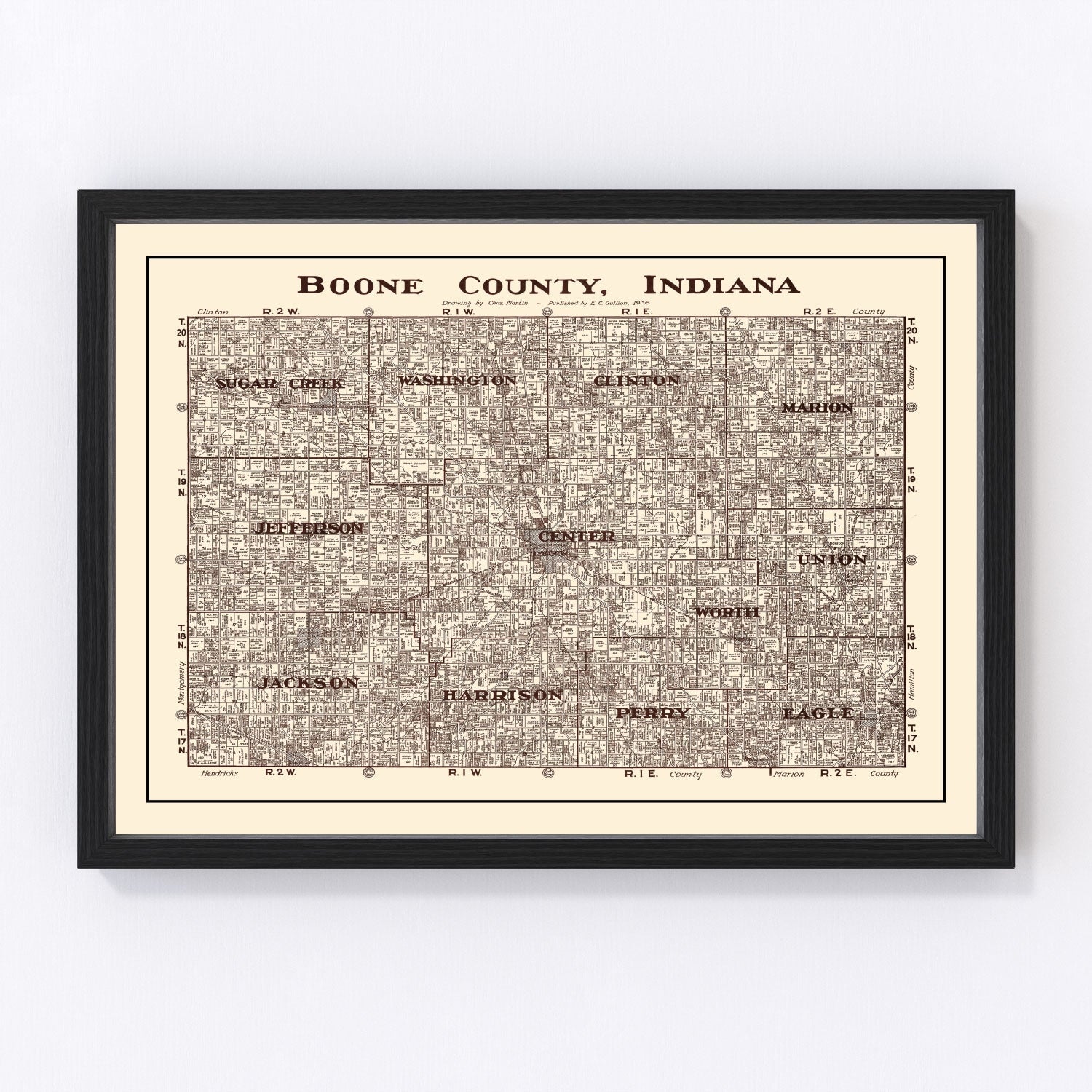 vintage map of Boone County, Indiana, 1936, survey edition restored print wall art