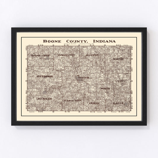 vintage map of Boone County, Indiana, 1936, survey edition restored print wall art