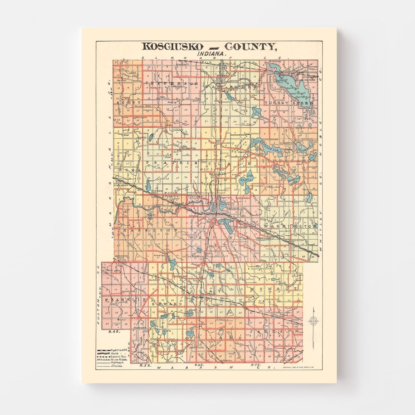 Vintage Map of Kosciusko County, Indiana, 1908