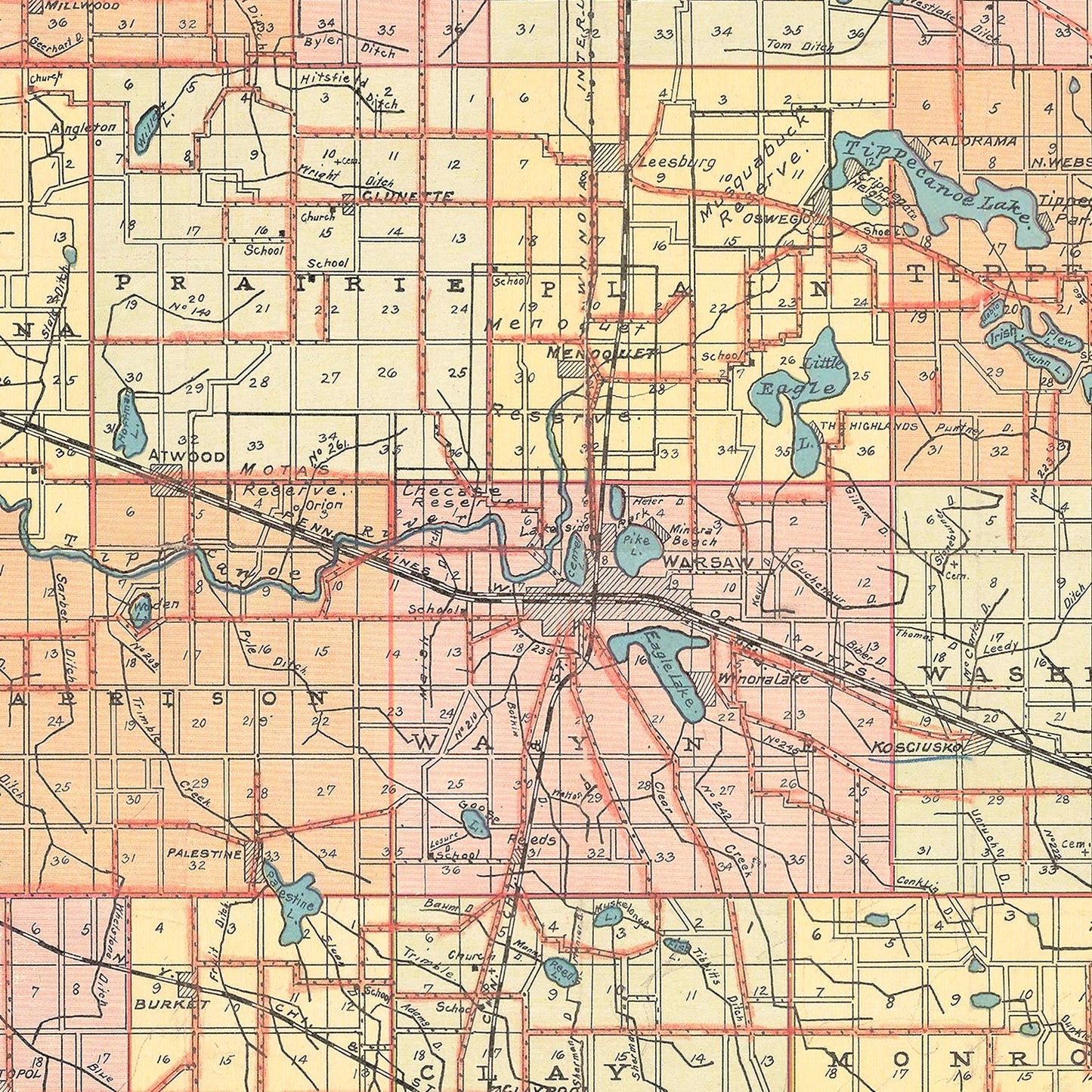 Vintage Map of Kosciusko County, Indiana, 1908