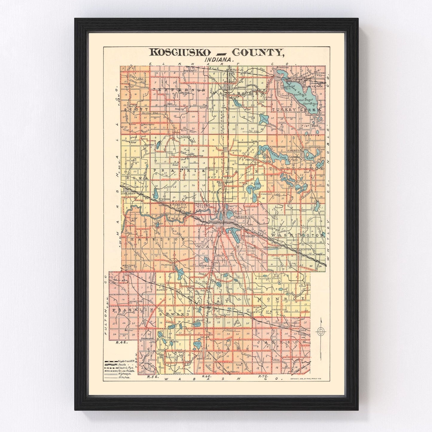 vintage map of Kosciusko County, Indiana, 1908