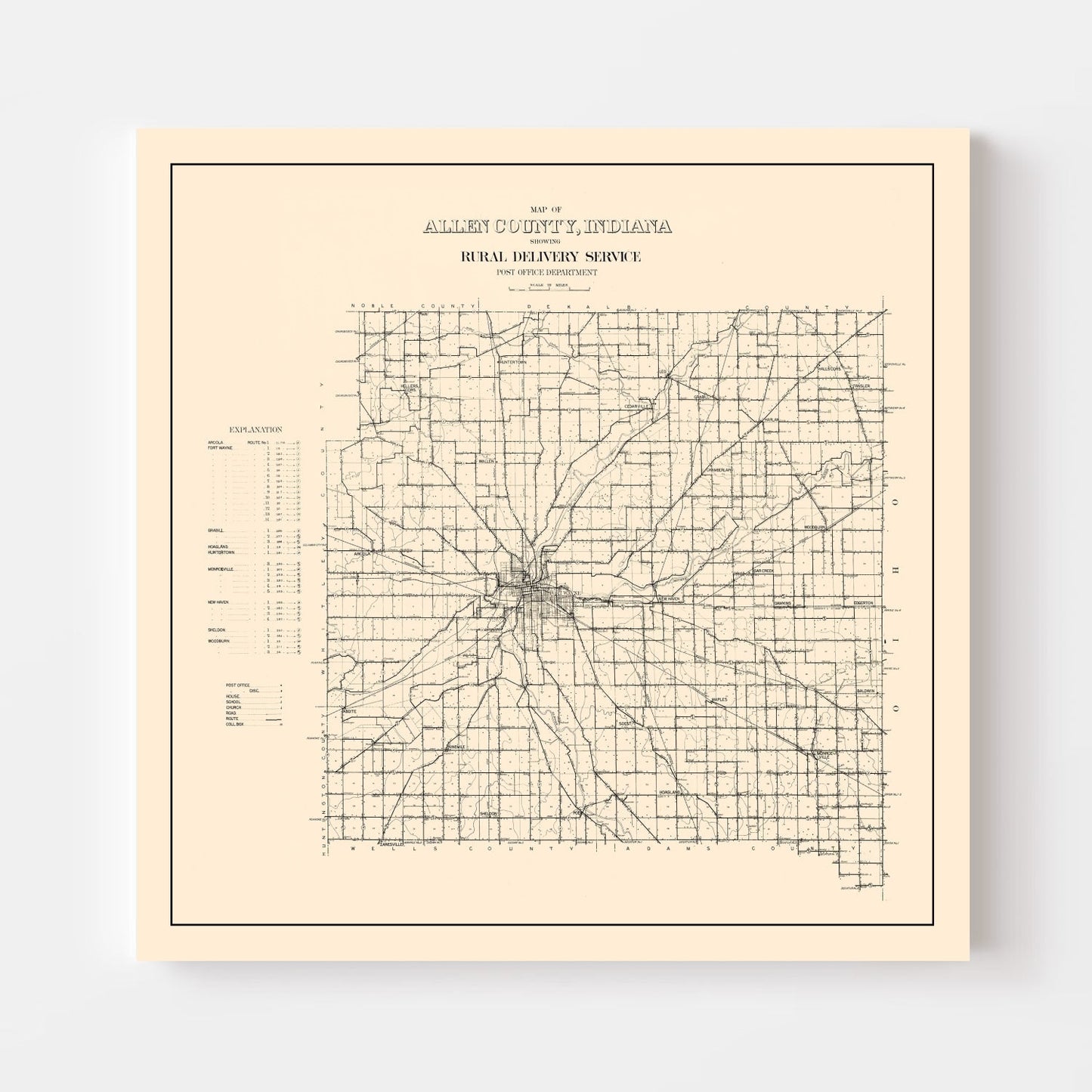 Vintage Map of Allen County, Indiana, 1910