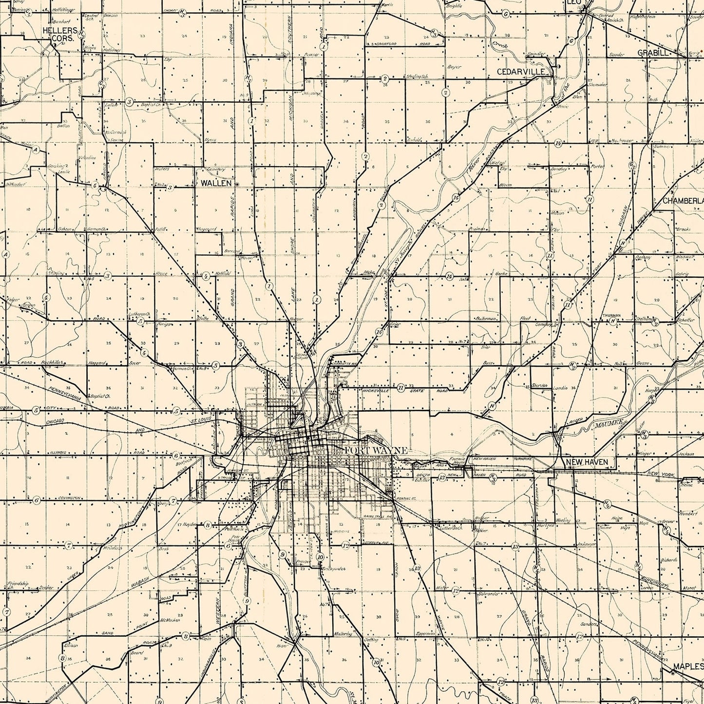 Vintage Map of Allen County, Indiana, 1910