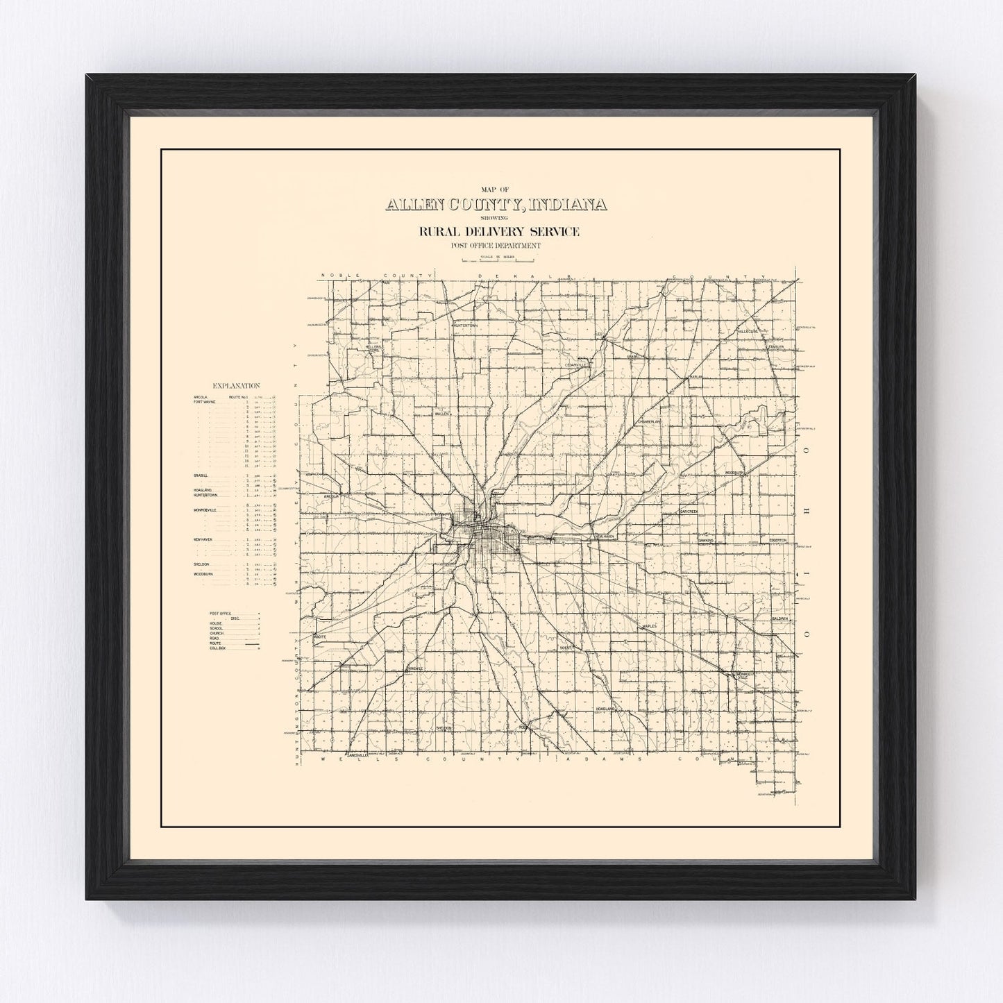 Vintage map of Allen County, Indiana, 1910, digitally restored print