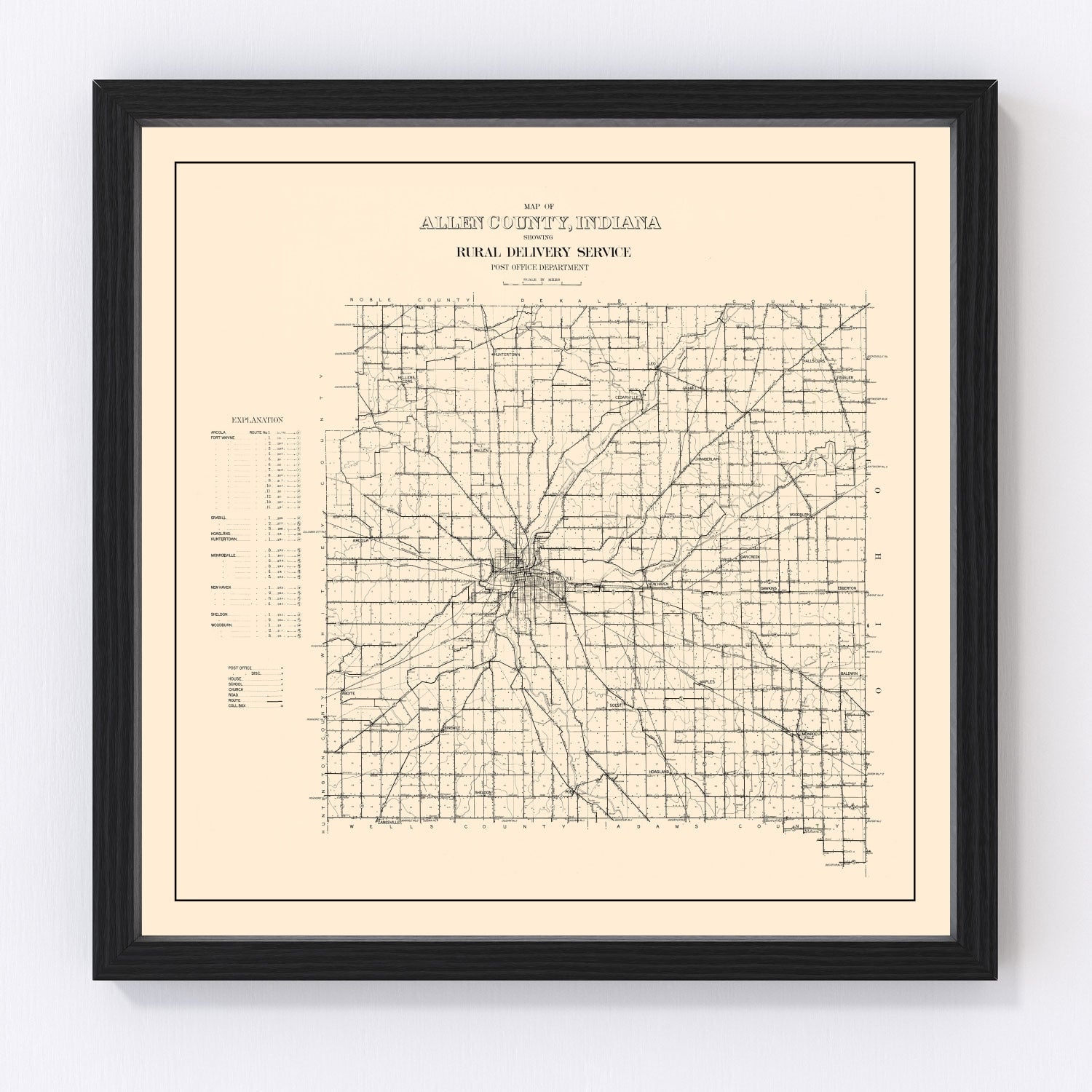 Vintage map of Allen County, Indiana, 1910, digitally restored print