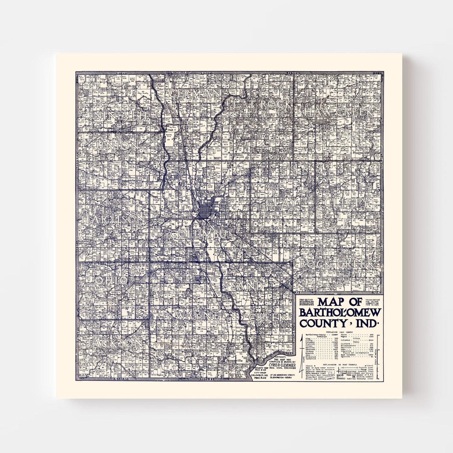 Vintage Map of Bartholomew County, Indiana, 1925