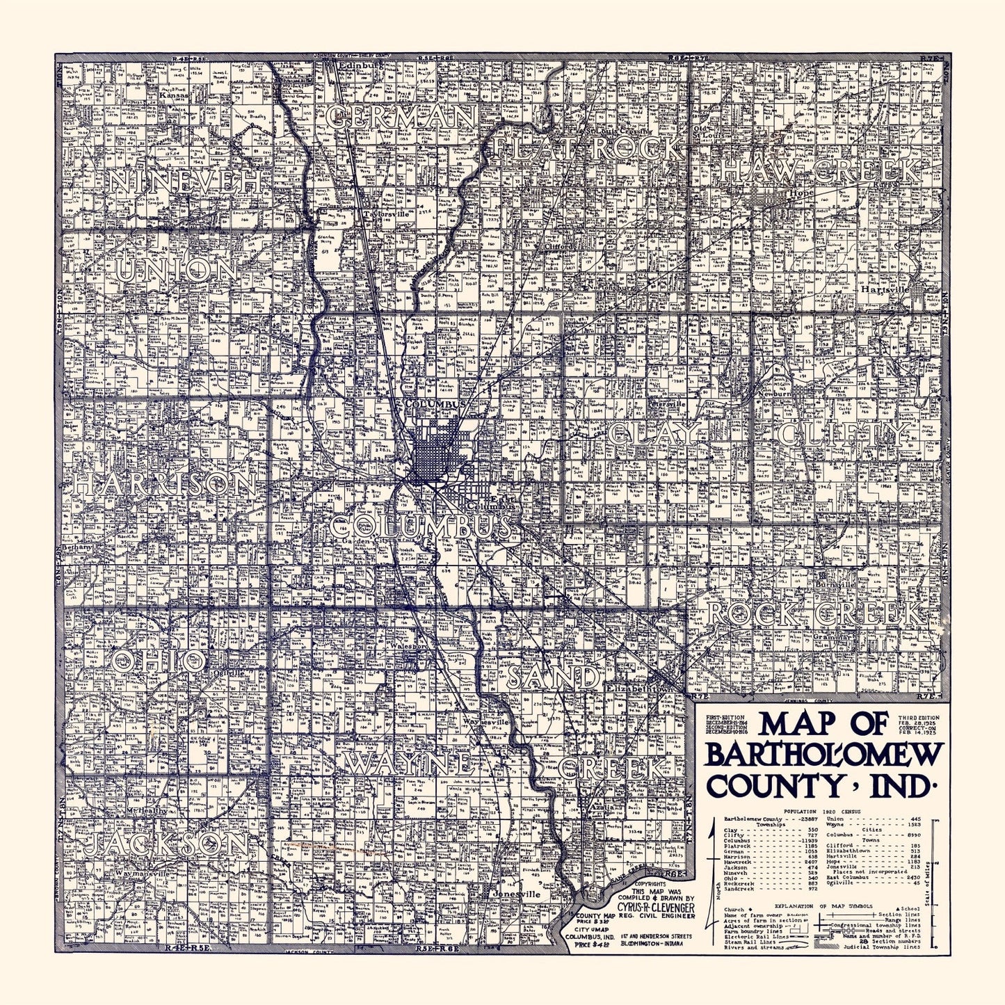 Vintage Map of Bartholomew County, Indiana, 1925