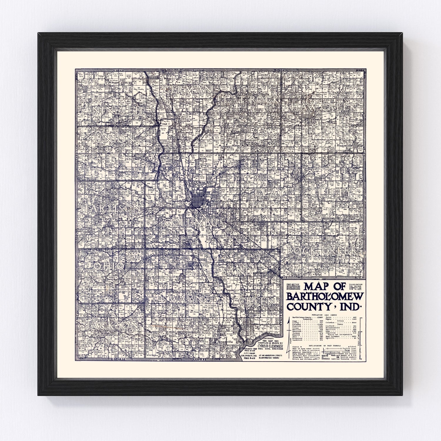 Vintage map of Bartholomew County, Indiana, 1925