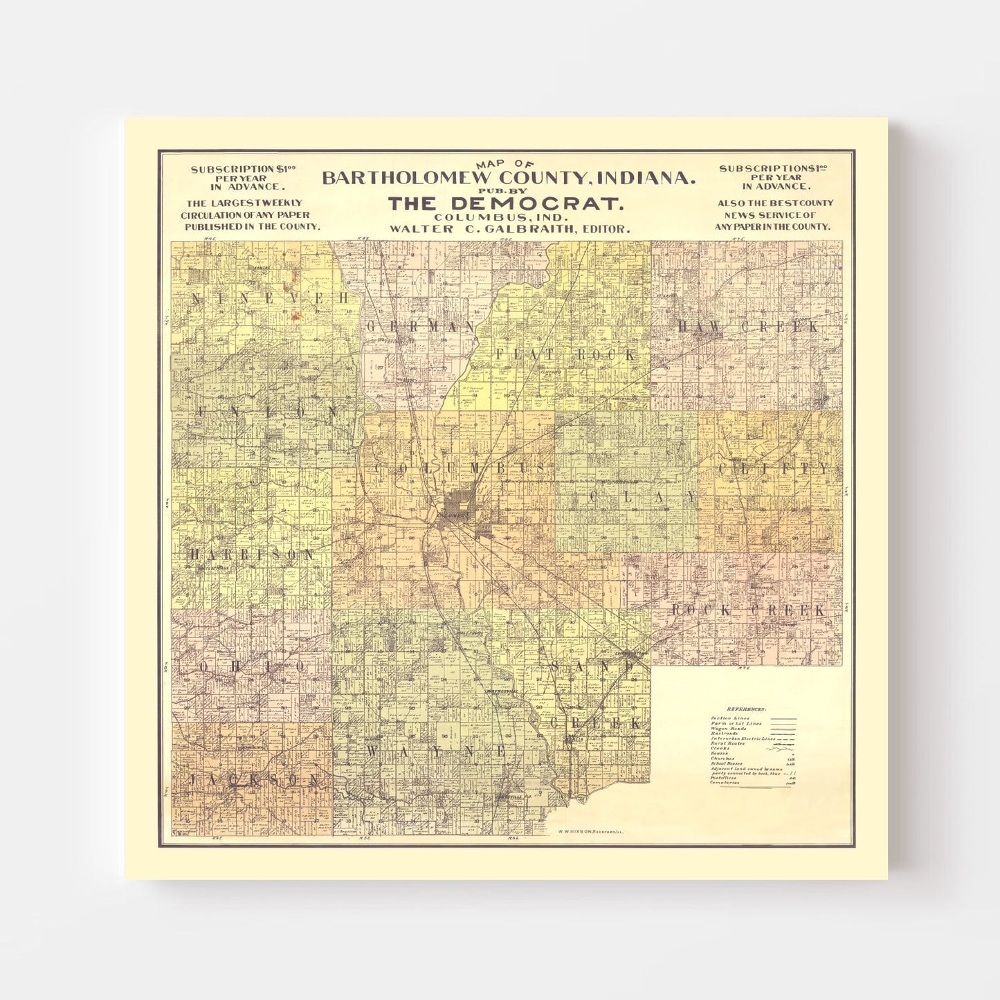 Vintage Map of Bartholomew County, Indiana, 1910