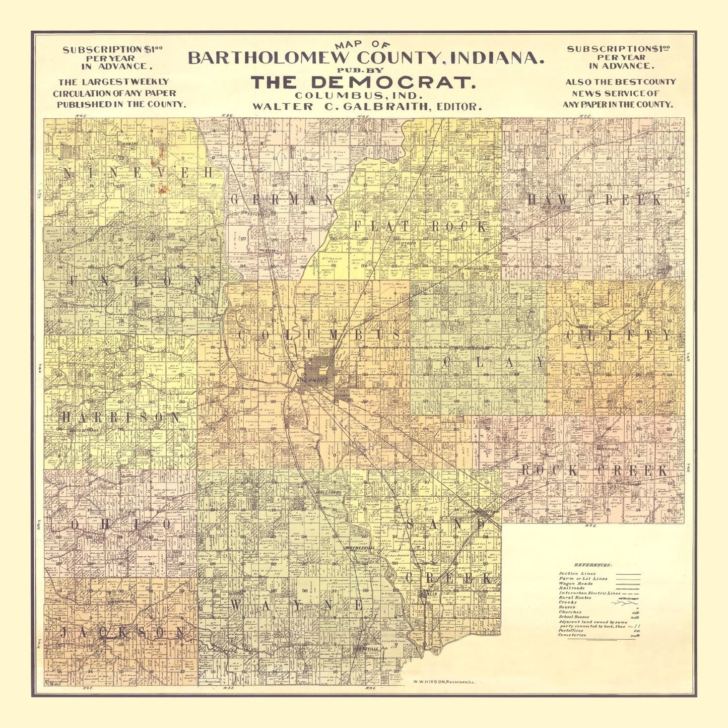Vintage Map of Bartholomew County, Indiana, 1910