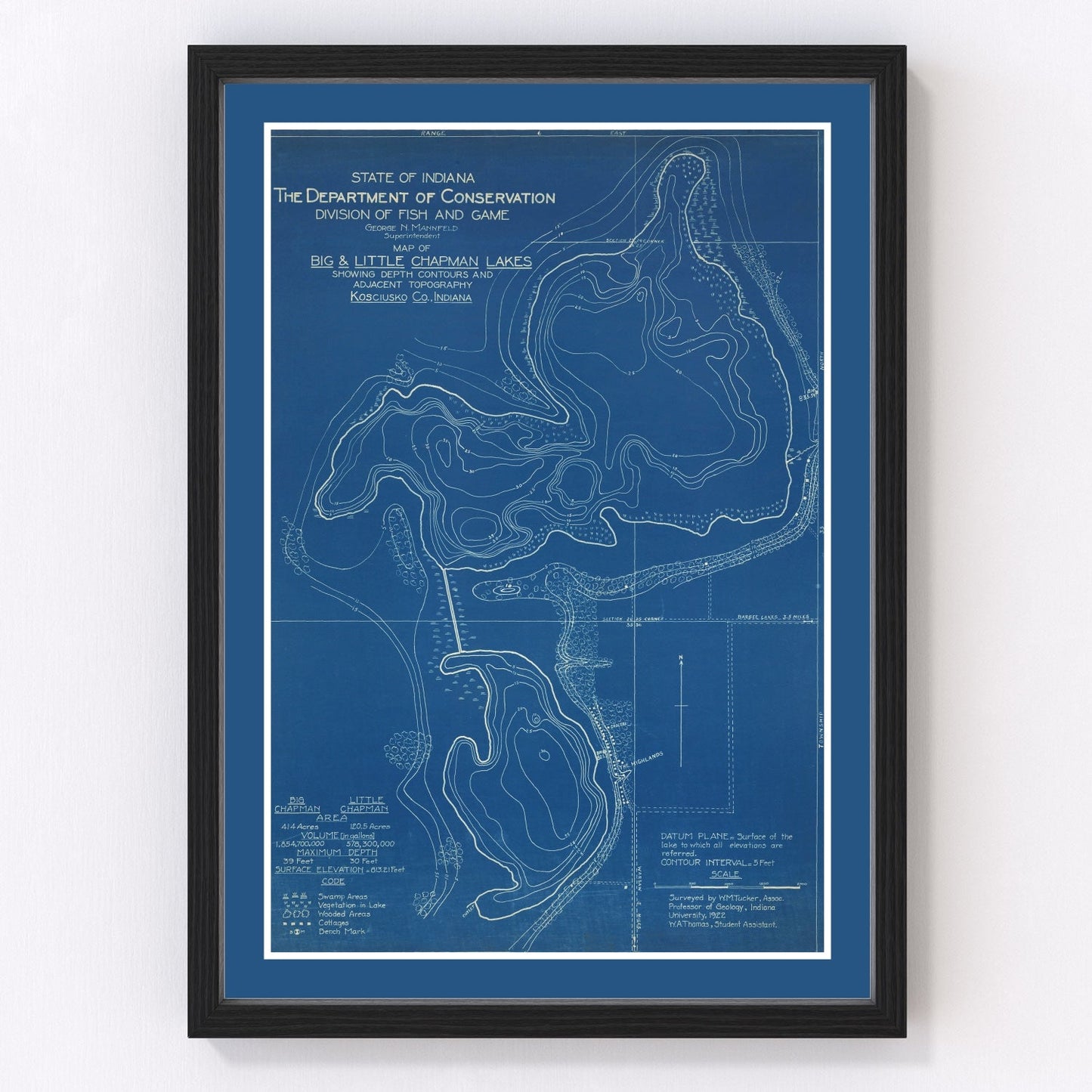 Vintage map of Big and Little Chapman Lakes, Indiana, 1922 - restored lake survey print