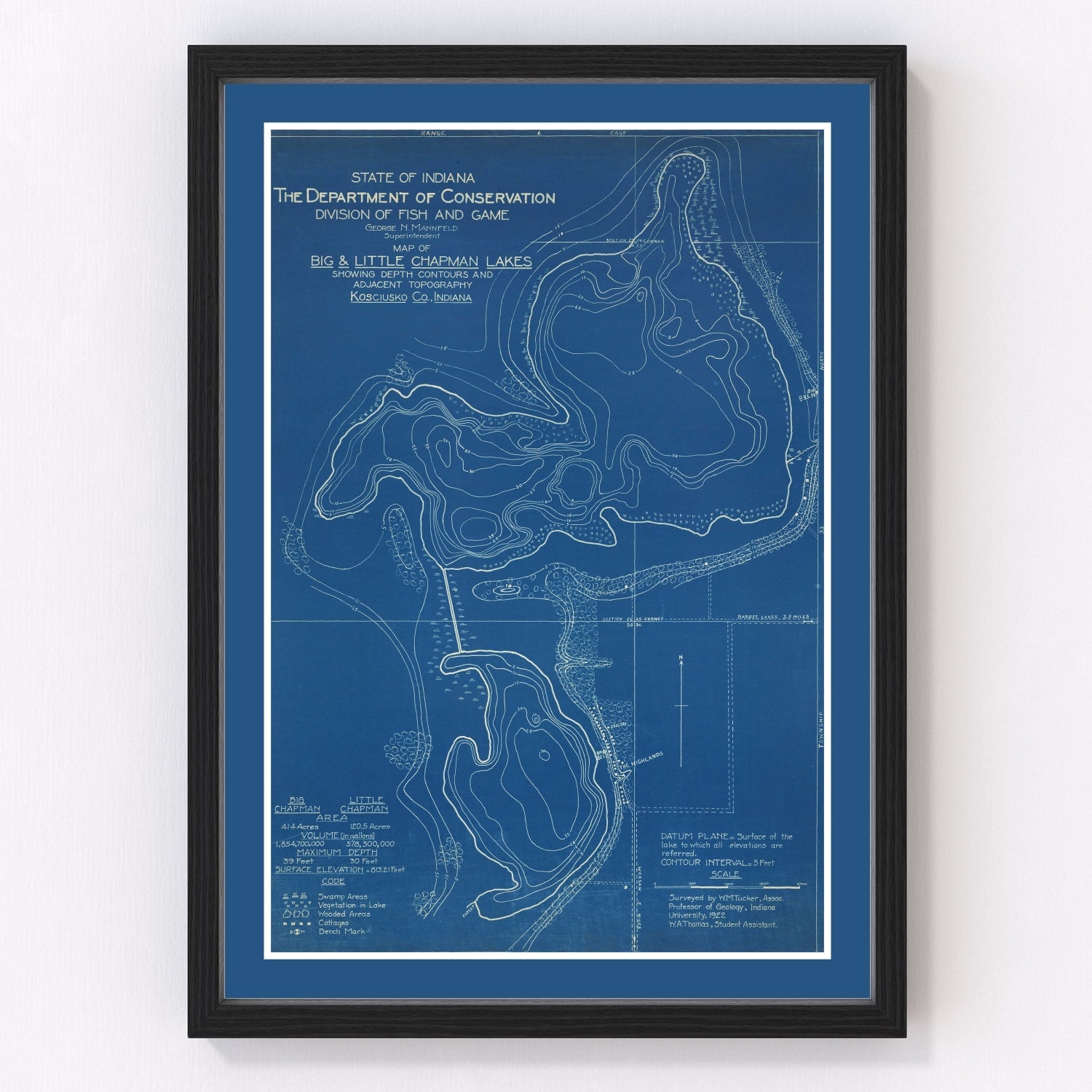 Vintage map of Big and Little Chapman Lakes, Indiana, 1922 - restored lake survey print