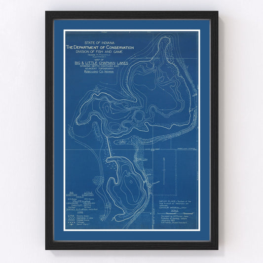 Vintage map of Big and Little Chapman Lakes, Indiana, 1922 - restored lake survey print