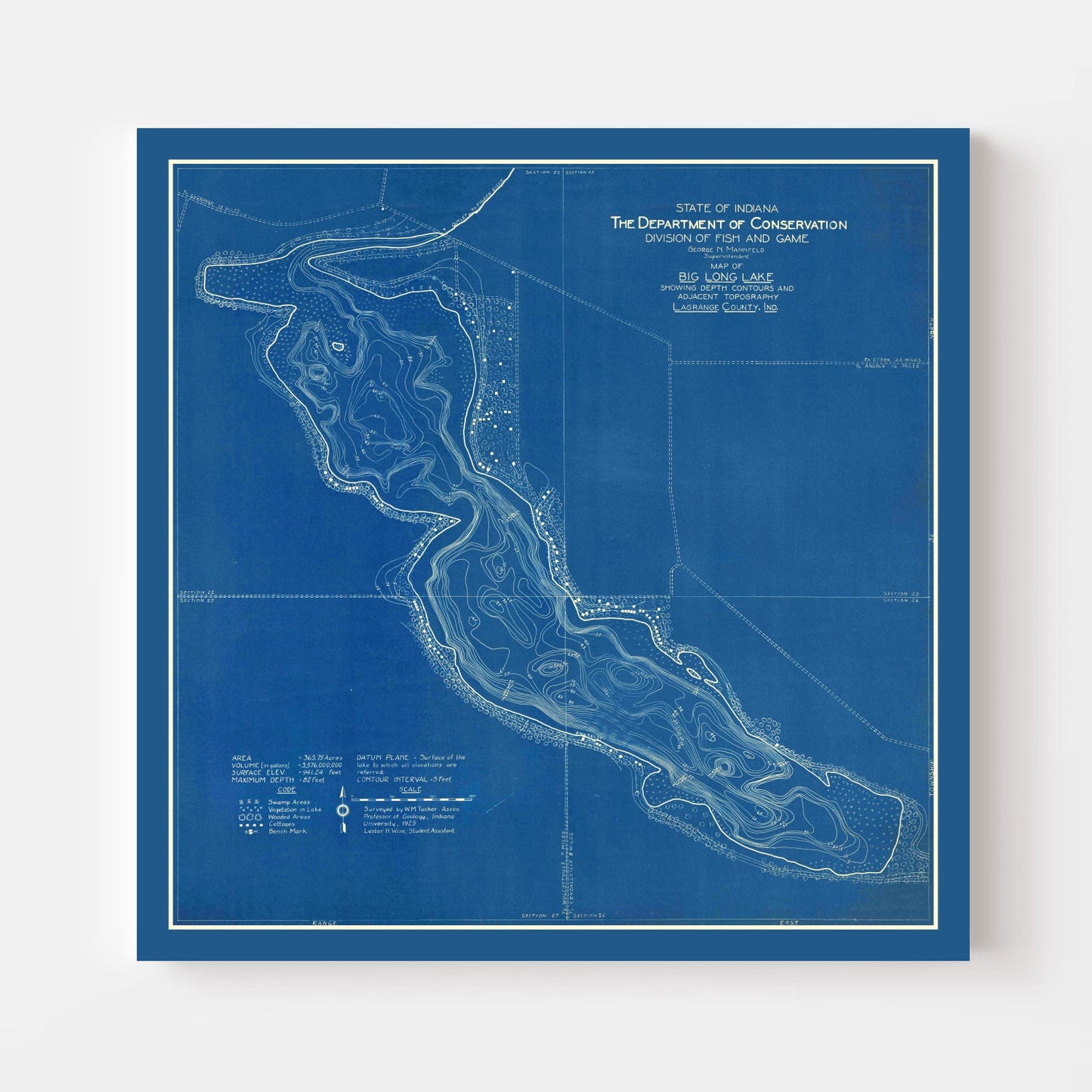 Vintage Map of Big Long Lake, Indiana, 1925