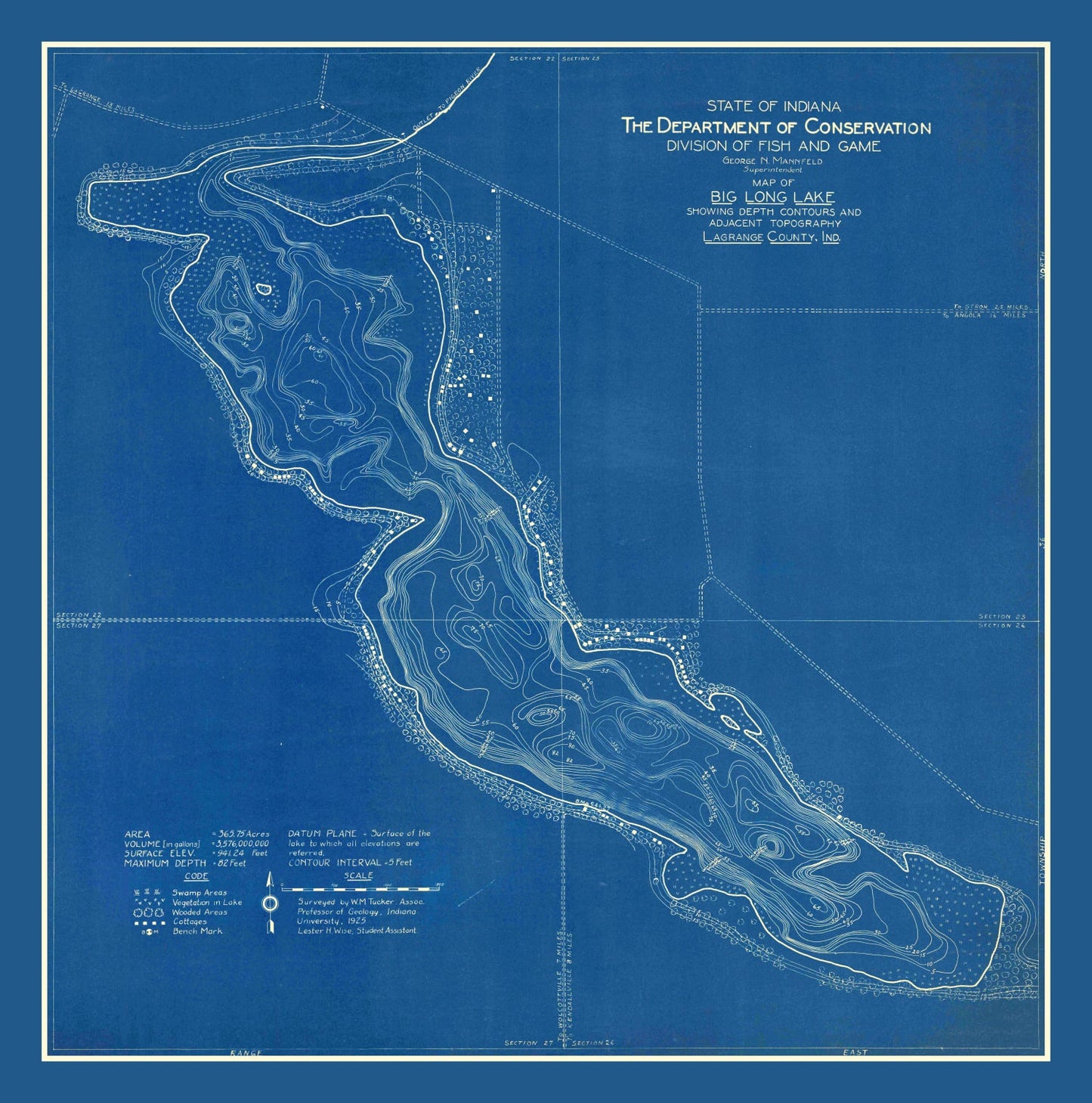 Vintage Map of Big Long Lake, Indiana, 1925