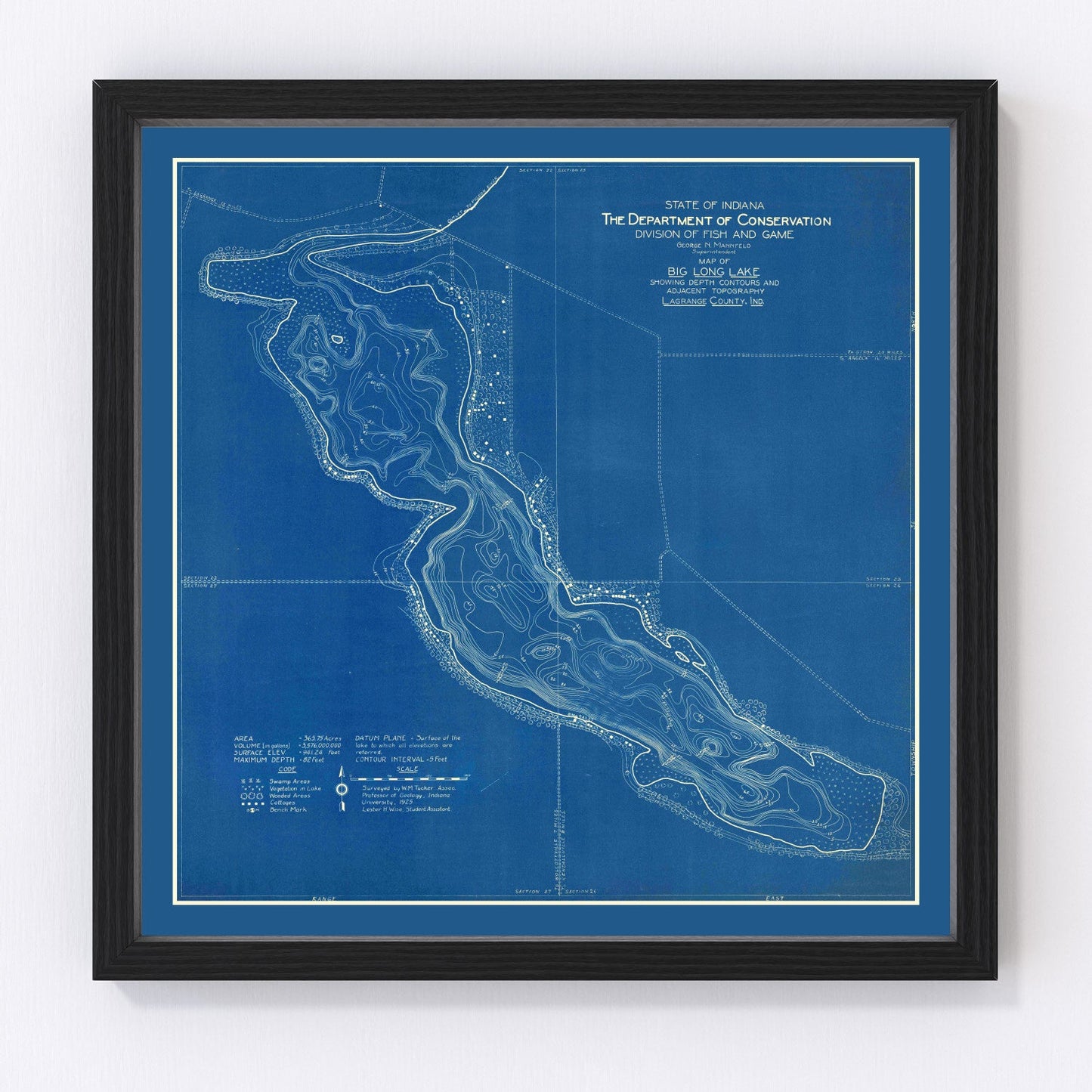 Vintage map of Big Long Lake, Indiana, 1925 - restored 1920s recreational lake survey