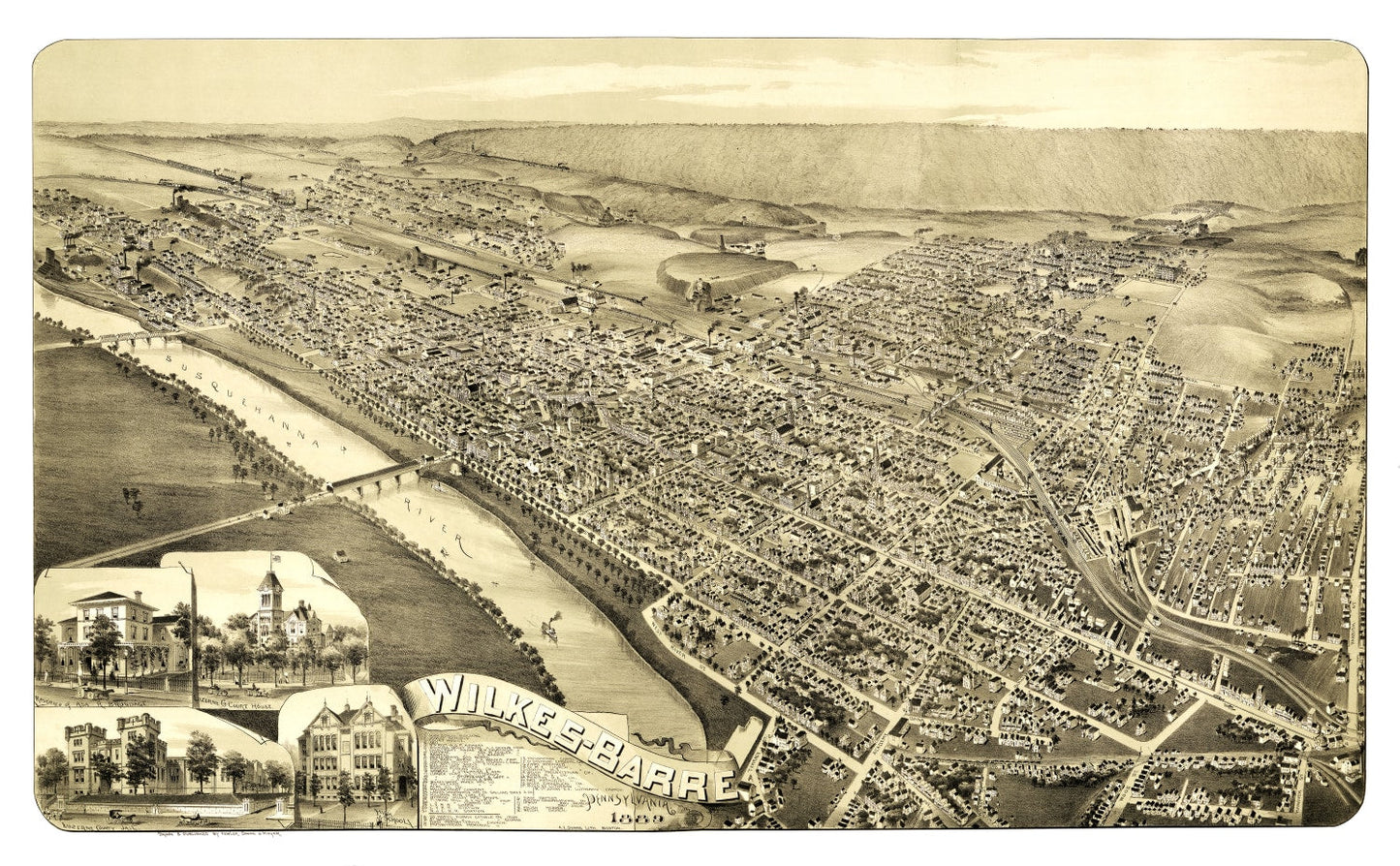 Vintage Map of Wilkes-Barre, Pennsylvania, 1889