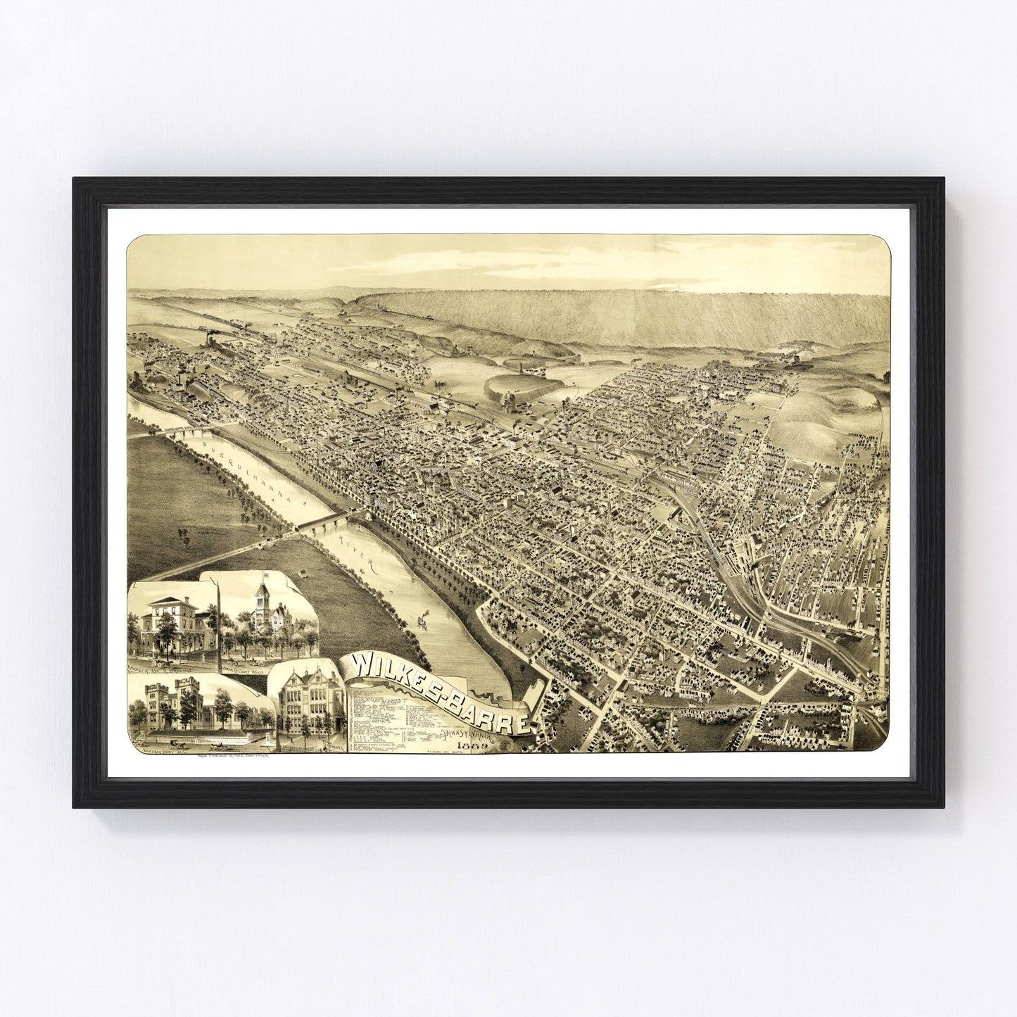Vintage map of Wilkes-Barre, Pennsylvania, 1889, Susquehanna Valley coal city