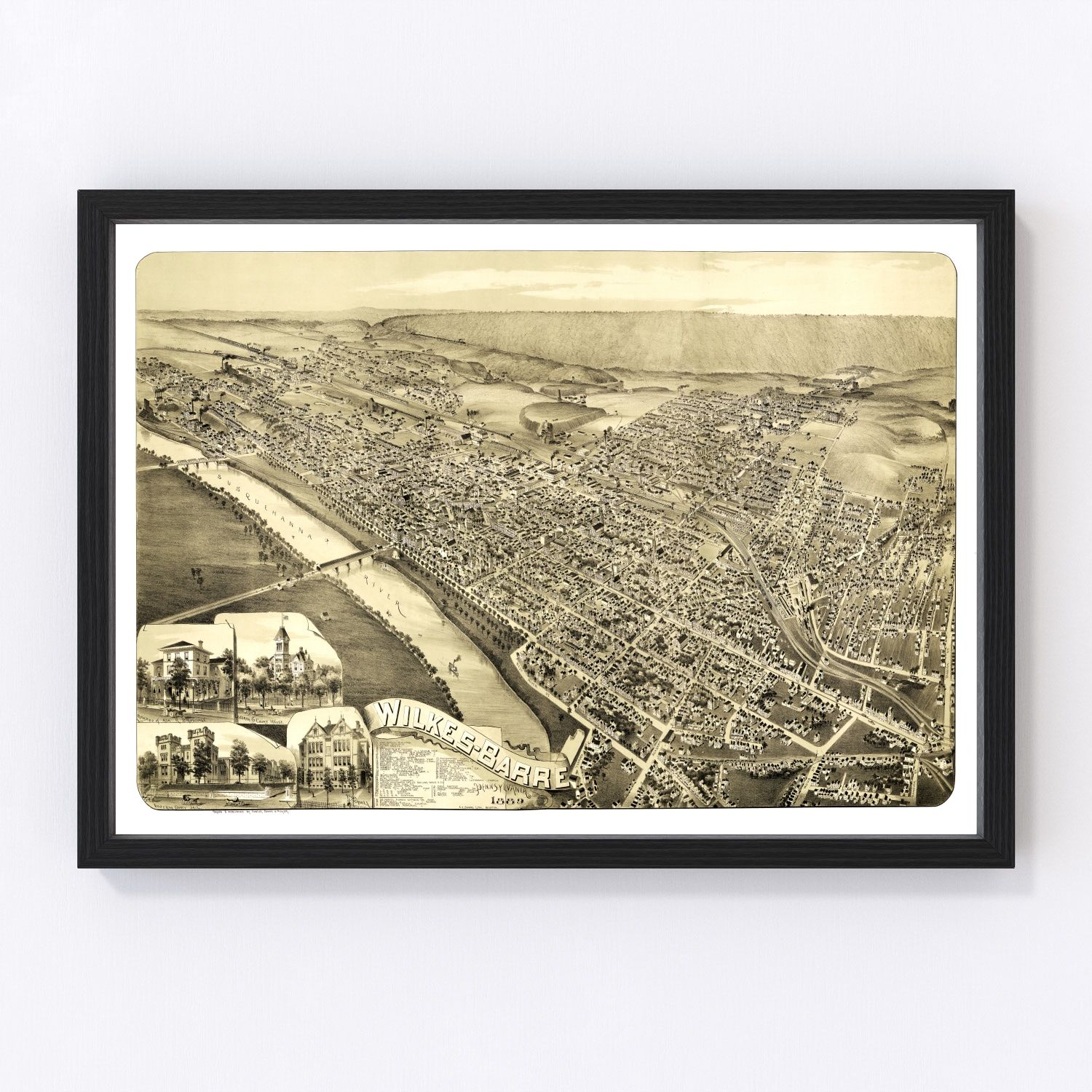 Vintage map of Wilkes-Barre, Pennsylvania, 1889, Susquehanna Valley coal city