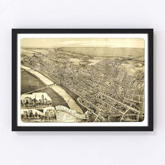 Vintage map of Wilkes-Barre, Pennsylvania, 1889, Susquehanna Valley coal city