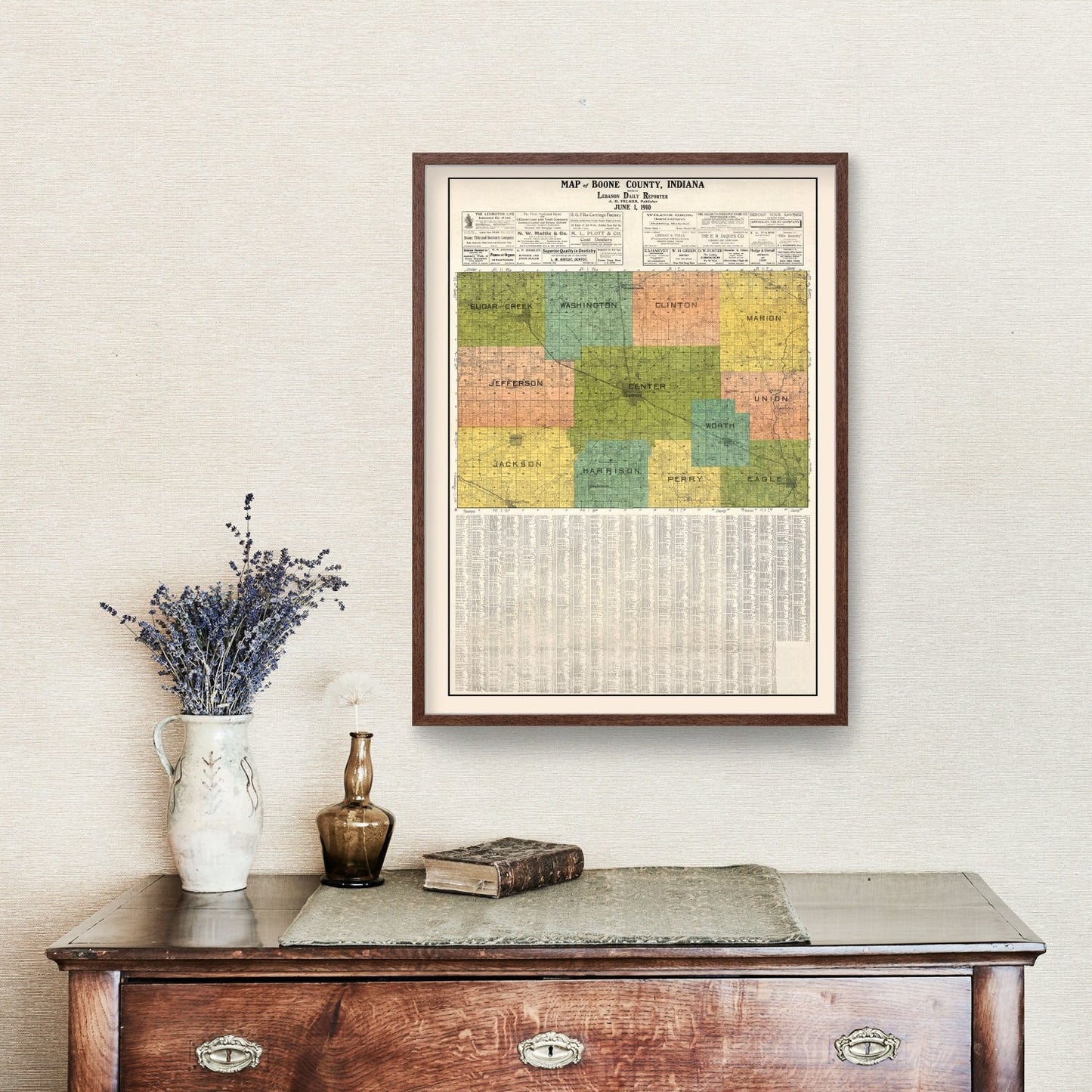 Vintage Map of Boone County, Indiana, 1910 Wall Art