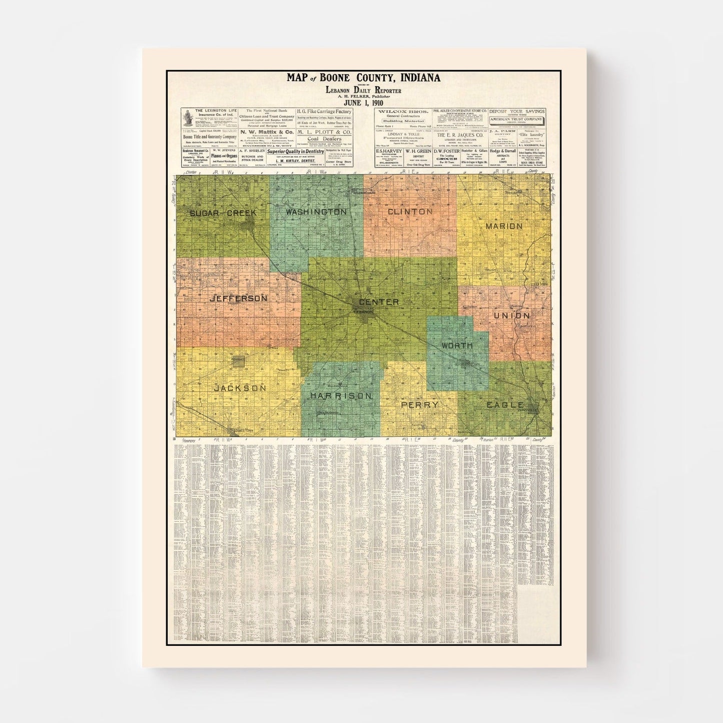 Vintage Map of Boone County, Indiana, 1910 Wall Art