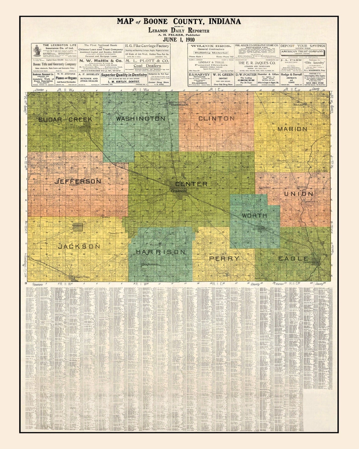 Vintage Map of Boone County, Indiana, 1910 Wall Art