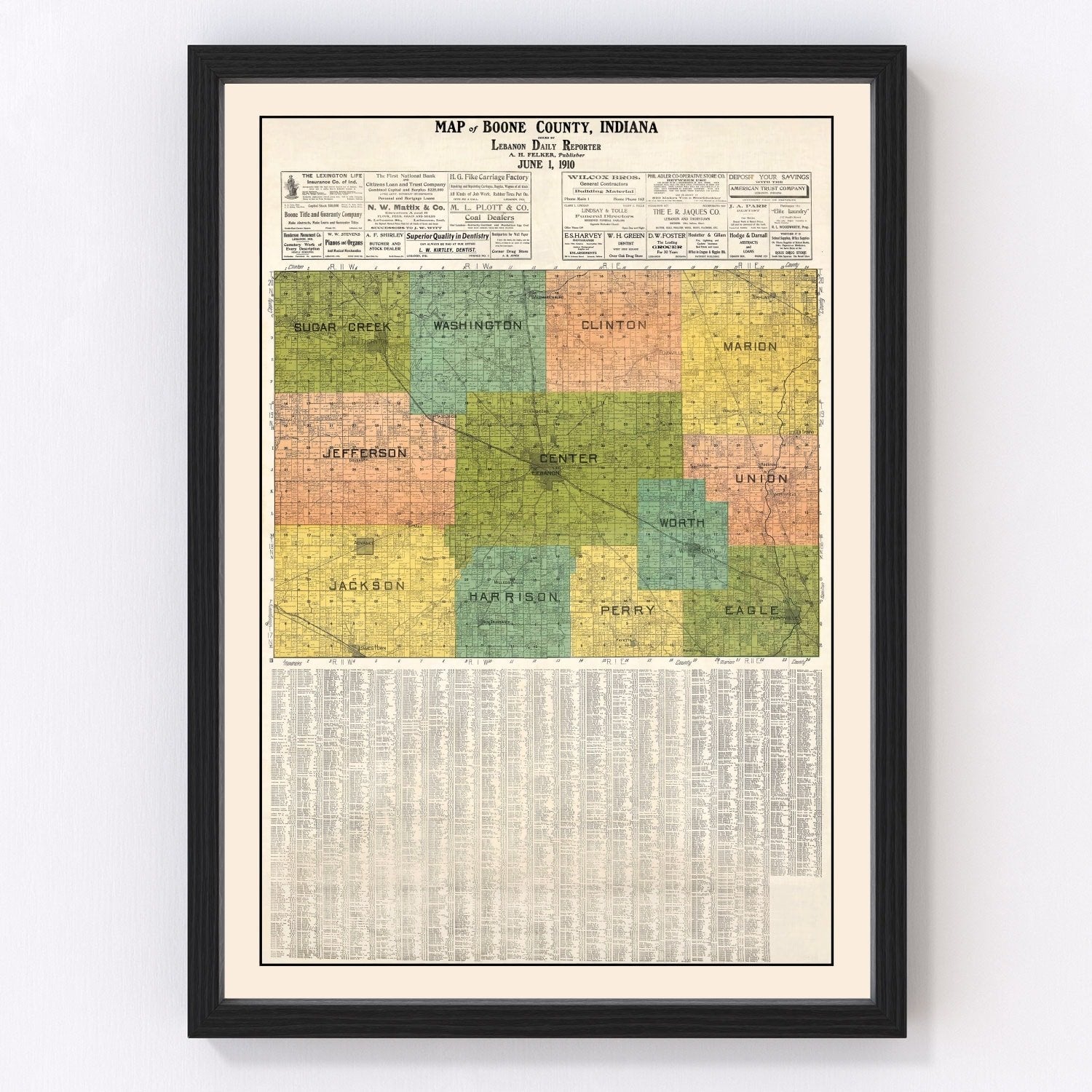 vintage map of Boone County, Indiana, 1910