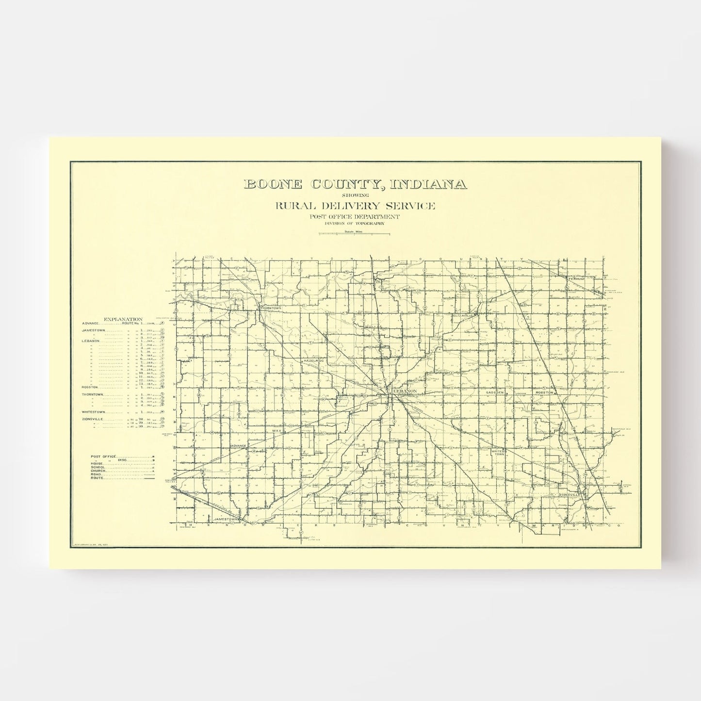 Vintage Map of Boone County, Indiana, 1911 Wall Art Print