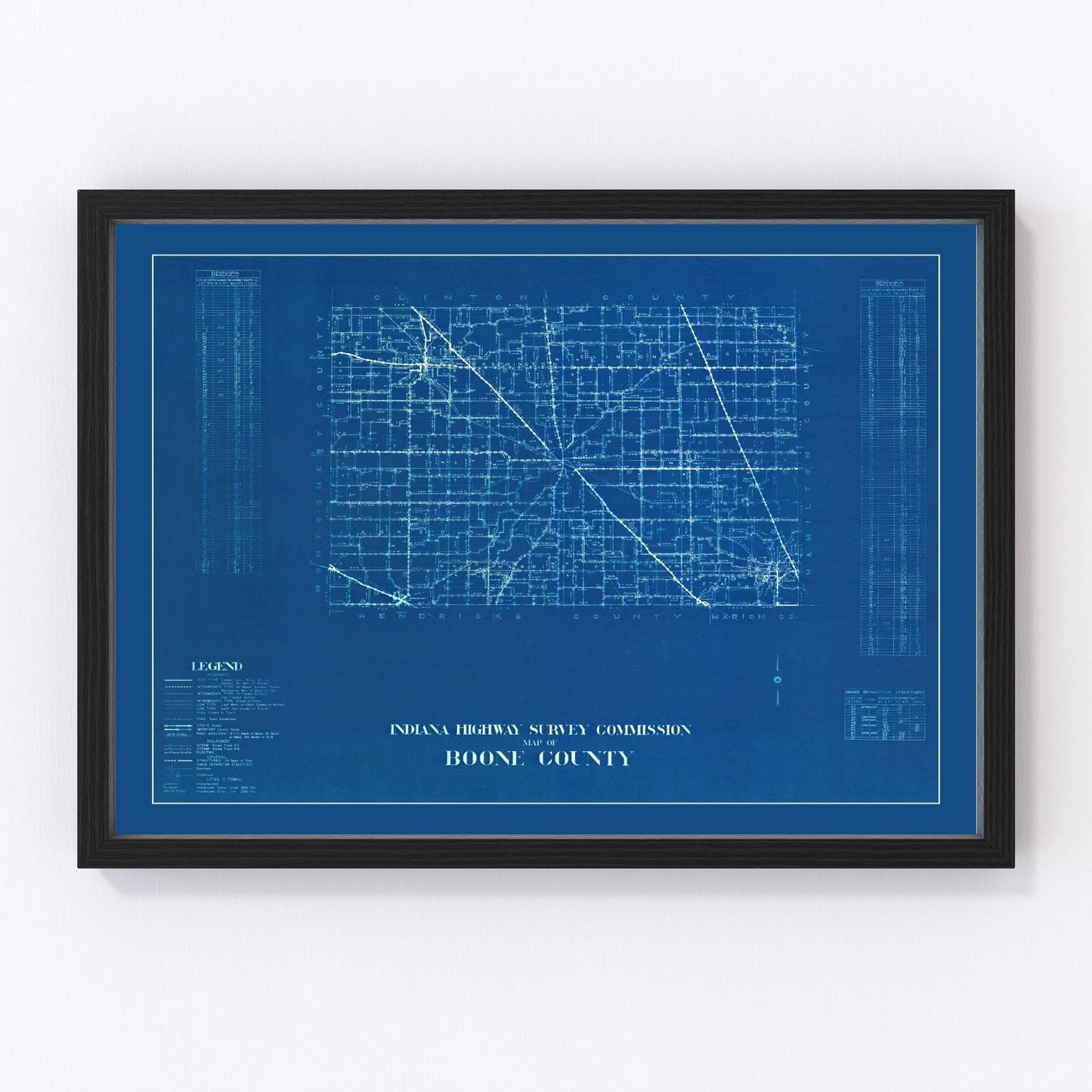 vintage map of Boone County, Indiana, 1936, restored print wall art